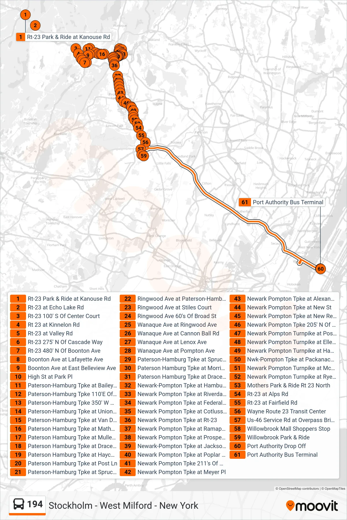 194 bus Line (New York) route and stops on a map