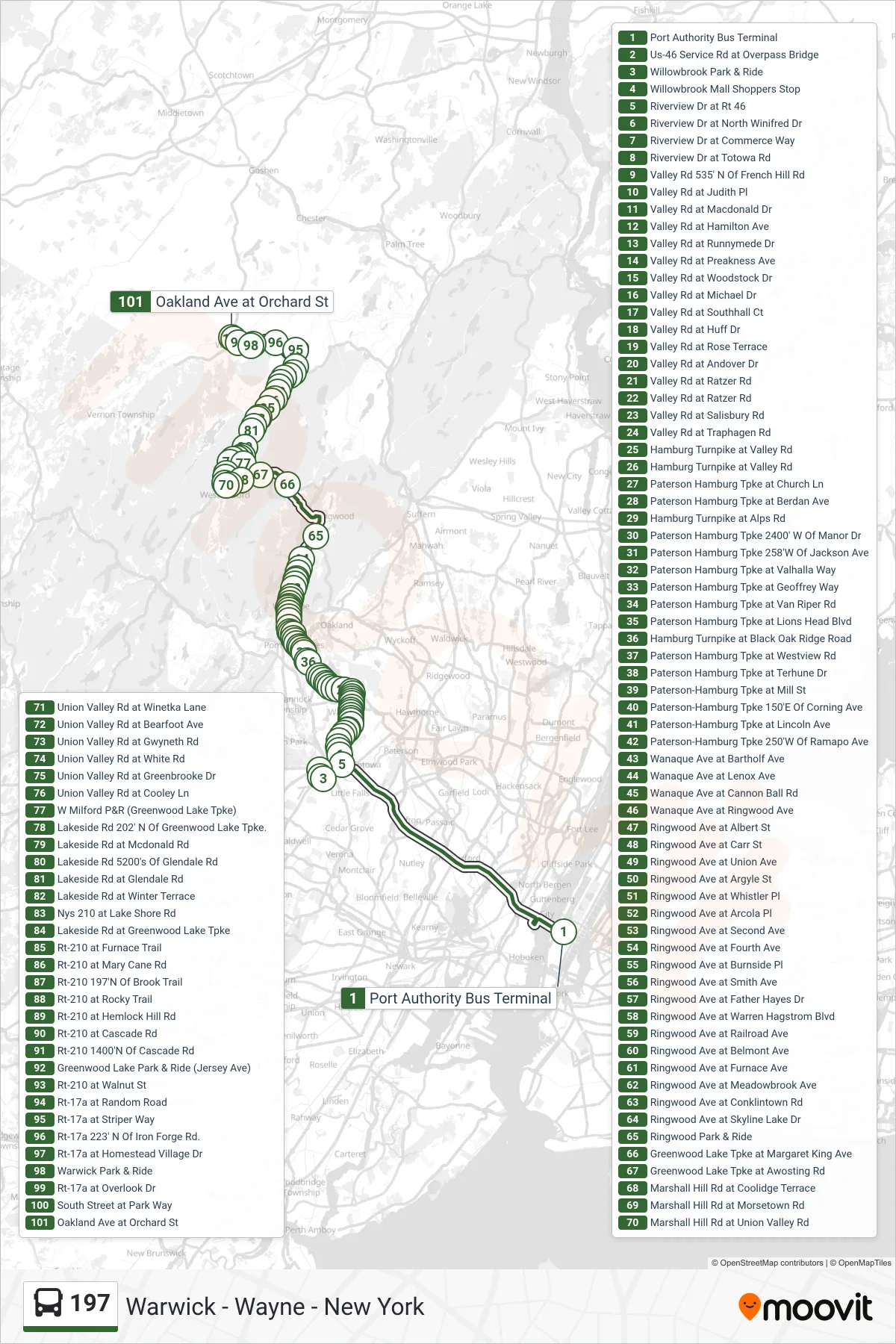 197 bus Line (Warwick Via Willowbrook) route and stops on a map
