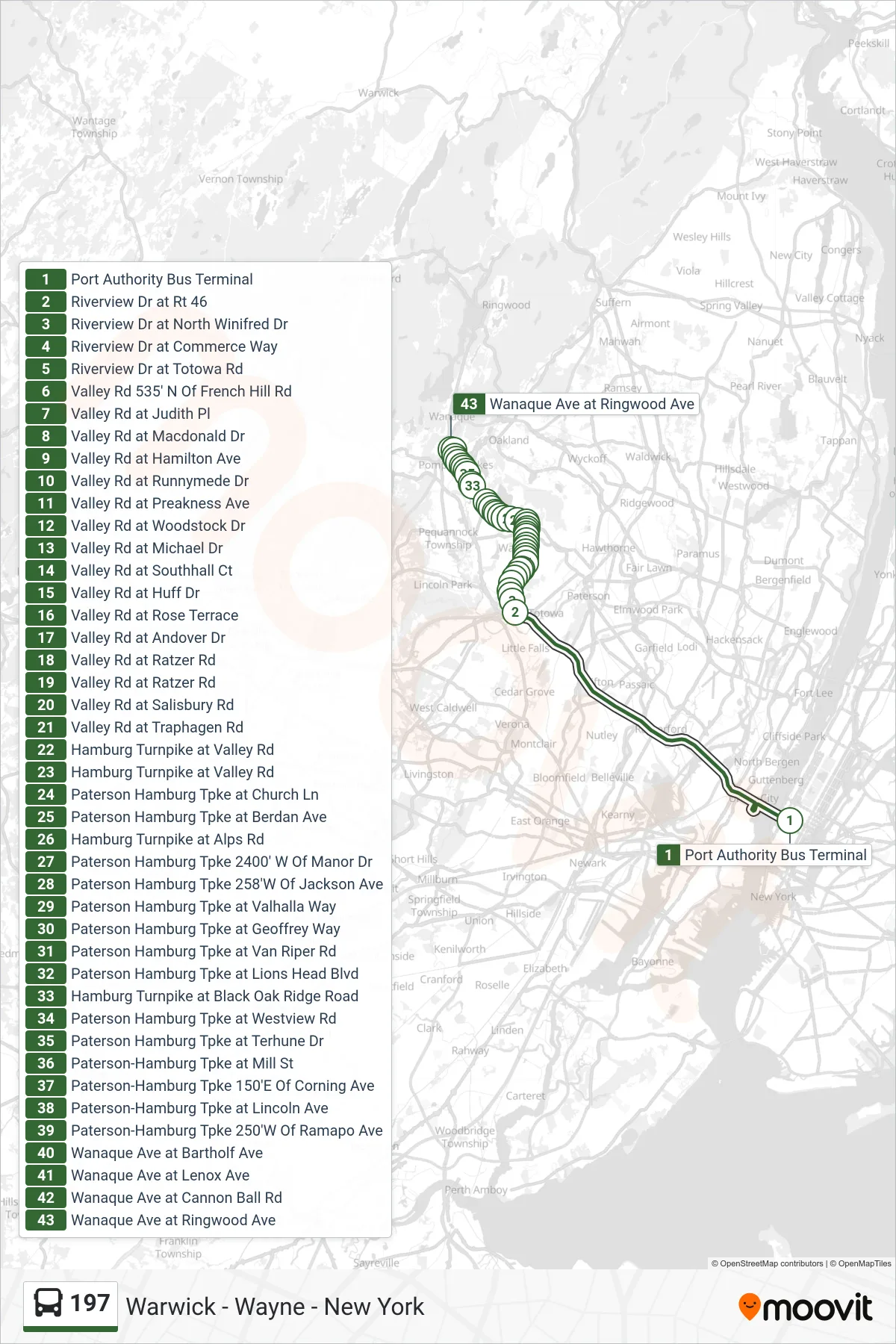 197 bus Line (Pompton Lakes Via Riverview Dr) route and stops on a map