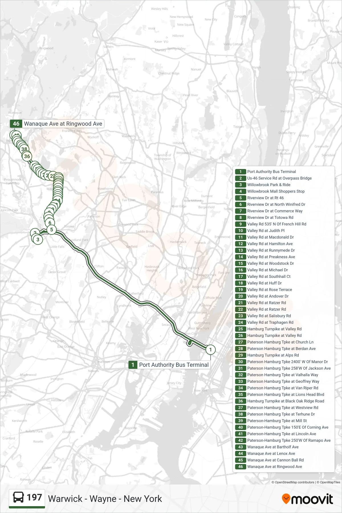 197 bus Line (Pompton Lakes Via Willowbrook) route and stops on a map