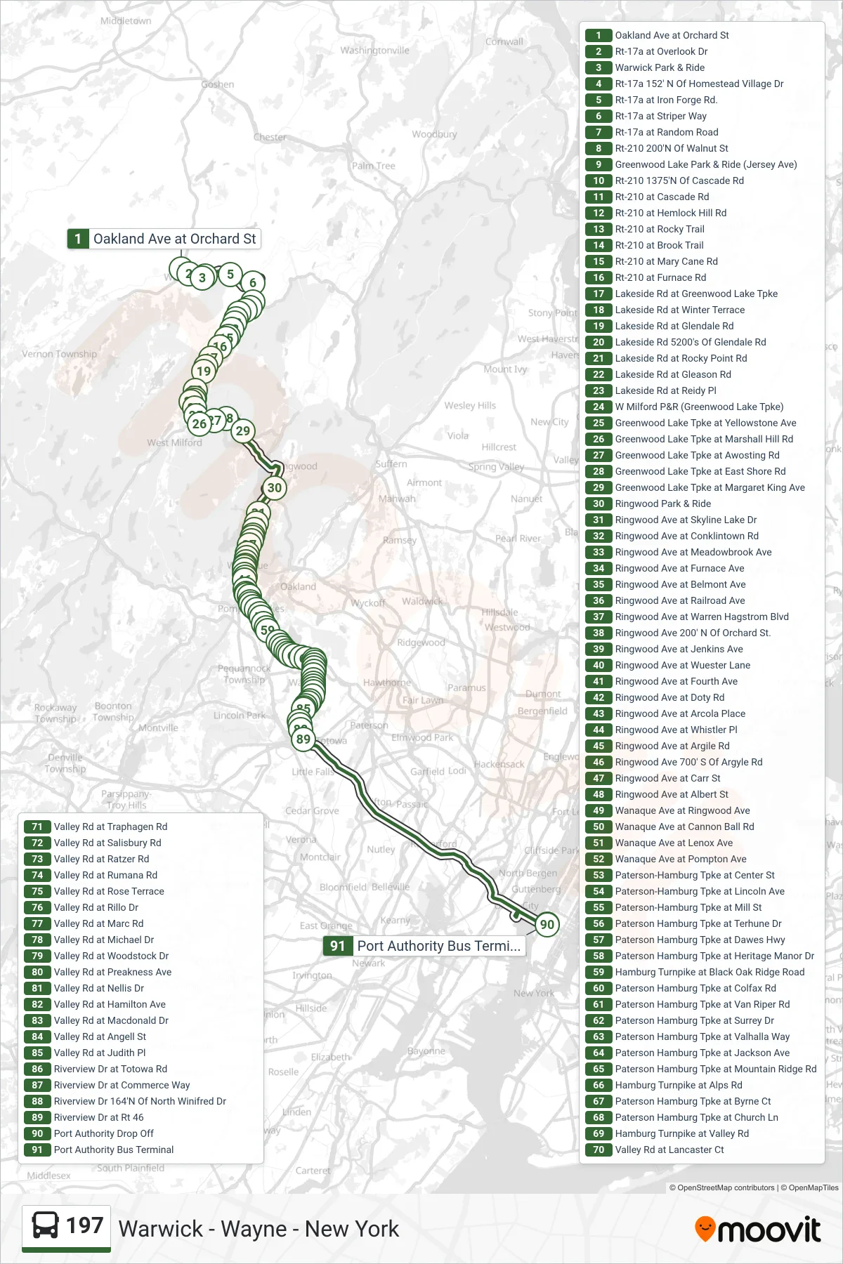197 bus Line (New York Express Via Riverview Dr) route and stops on a map