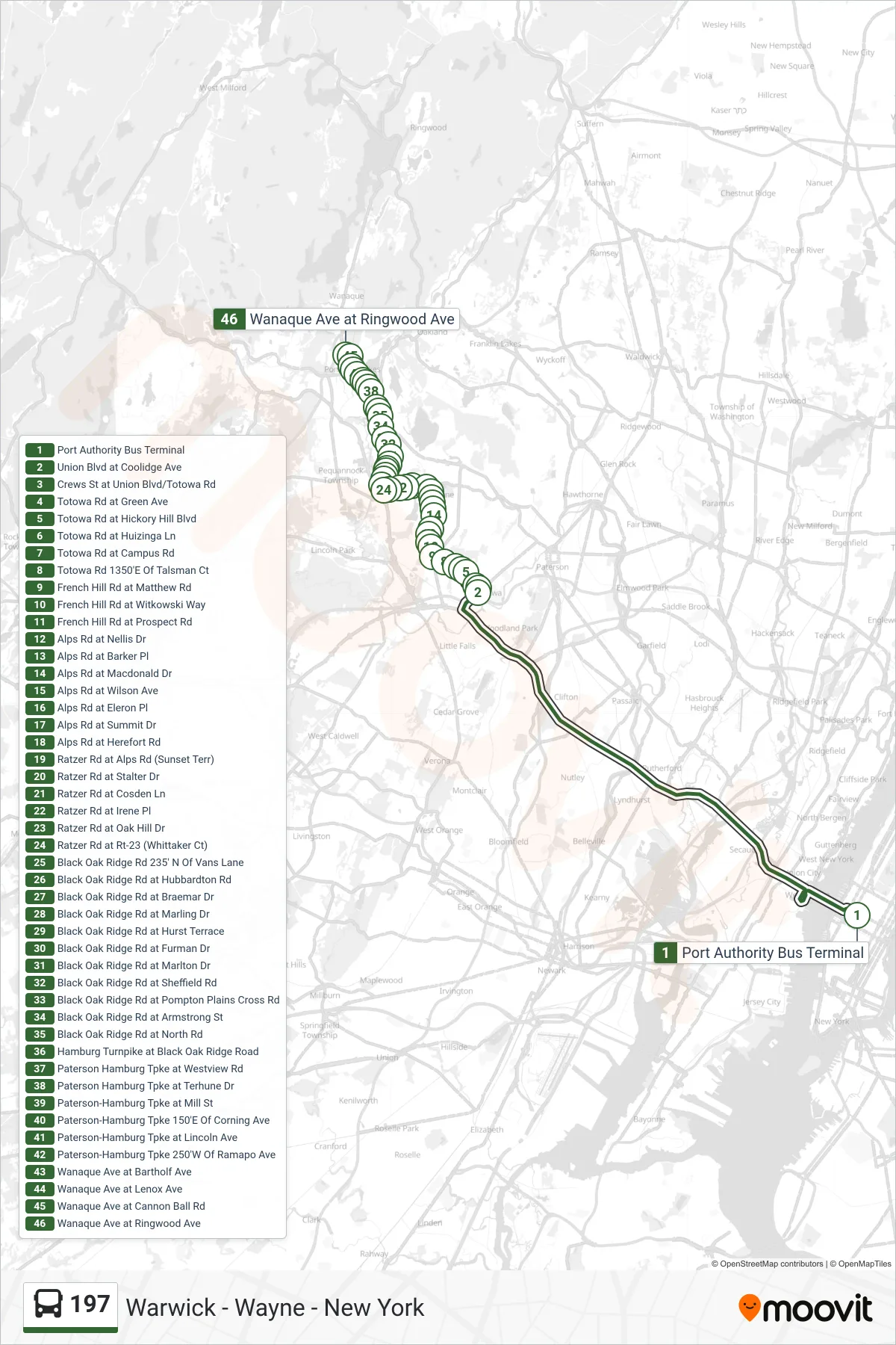 197 bus Line (Bt Pompton Lakes Via Totowa & Blk Oak Rd) route and stops on a map