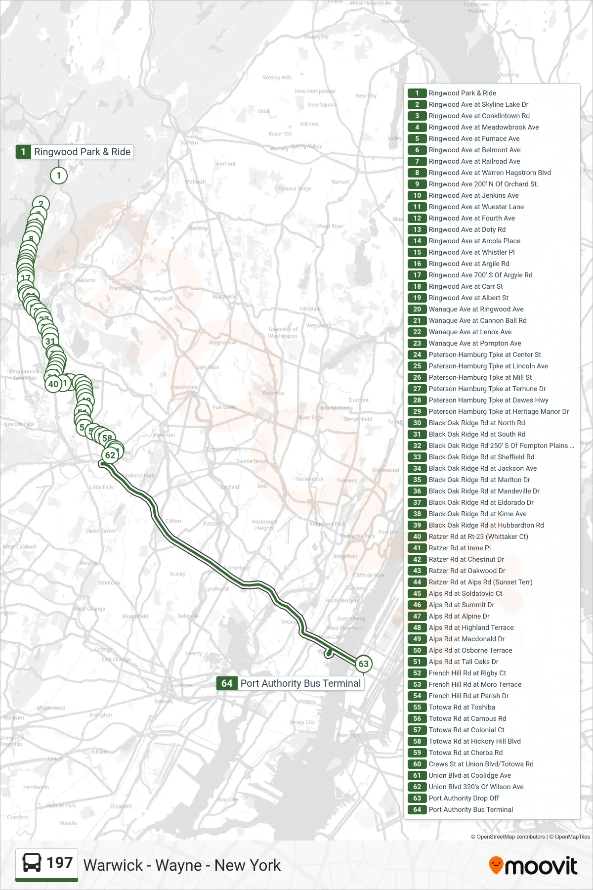 197 bus Line (Bt New York Via Blk Oak & Totowa Rd) route and stops on a map
