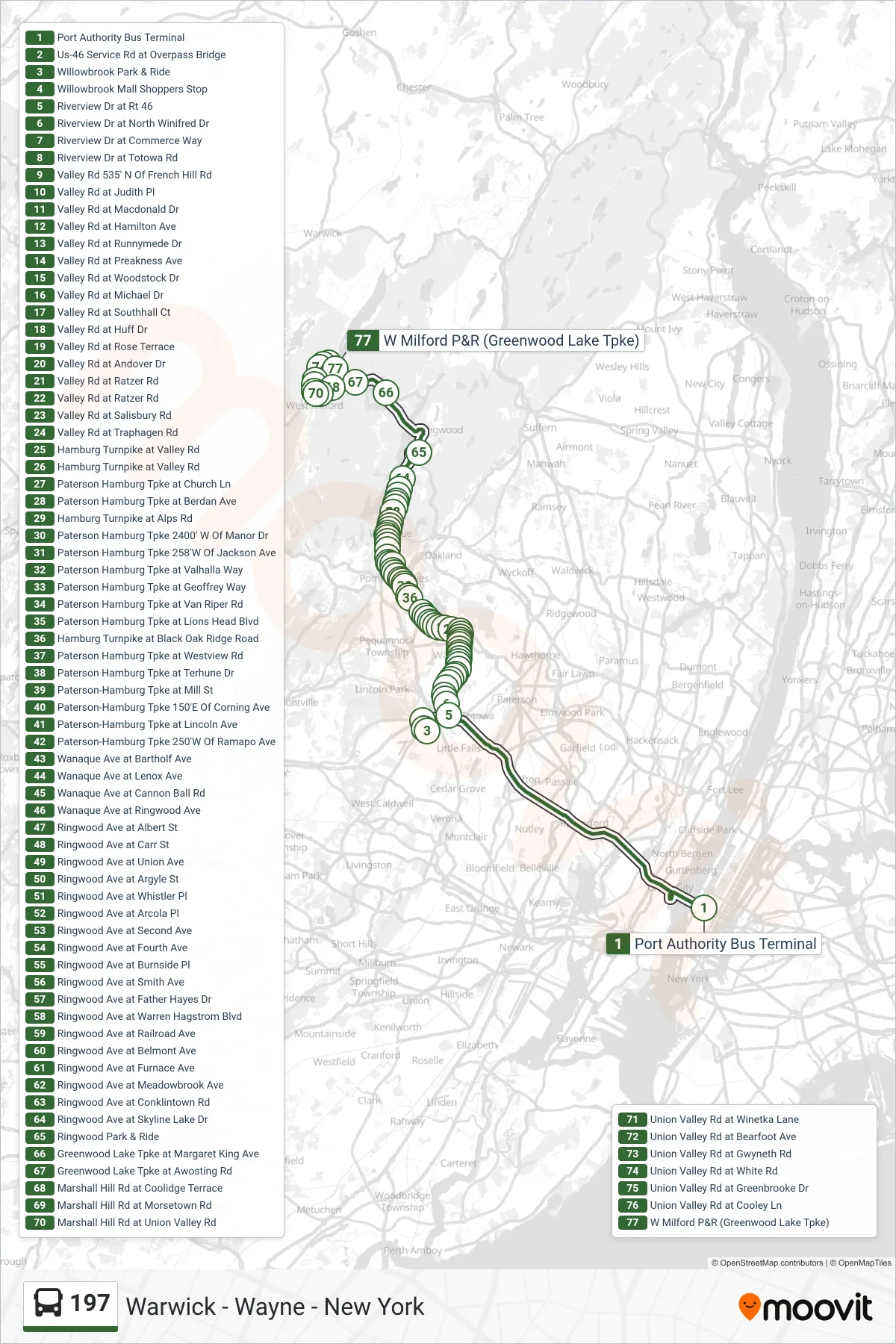 197 bus Line (West Milford Park & Ride) route and stops on a map