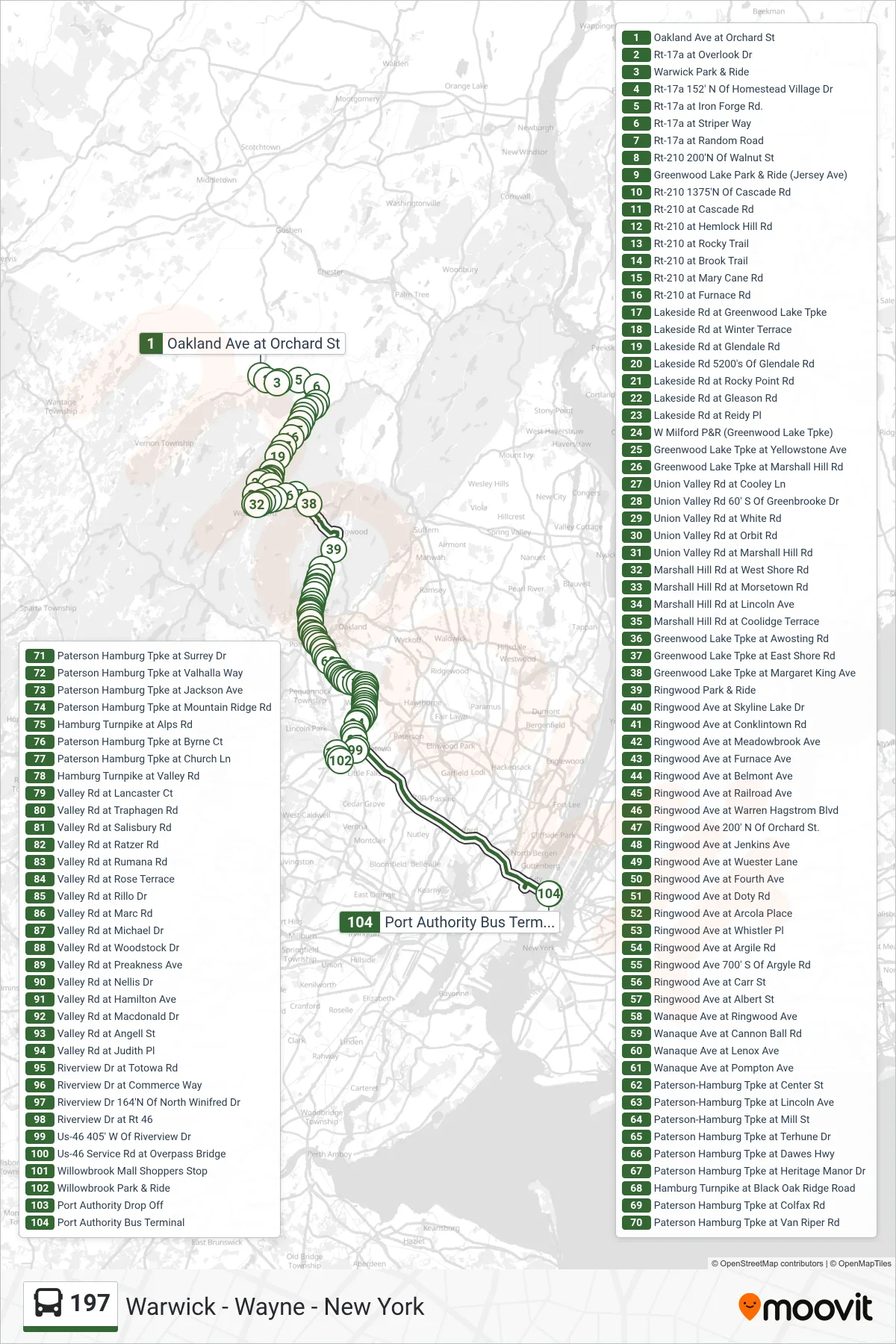 197 bus Line (New York Via Willowbrook) route and stops on a map
