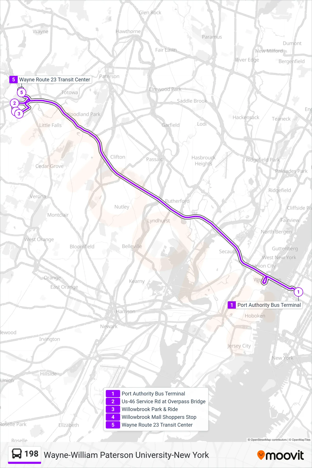 198 bus Line (Willowbrook Wayne Trn Ct) route and stops on a map