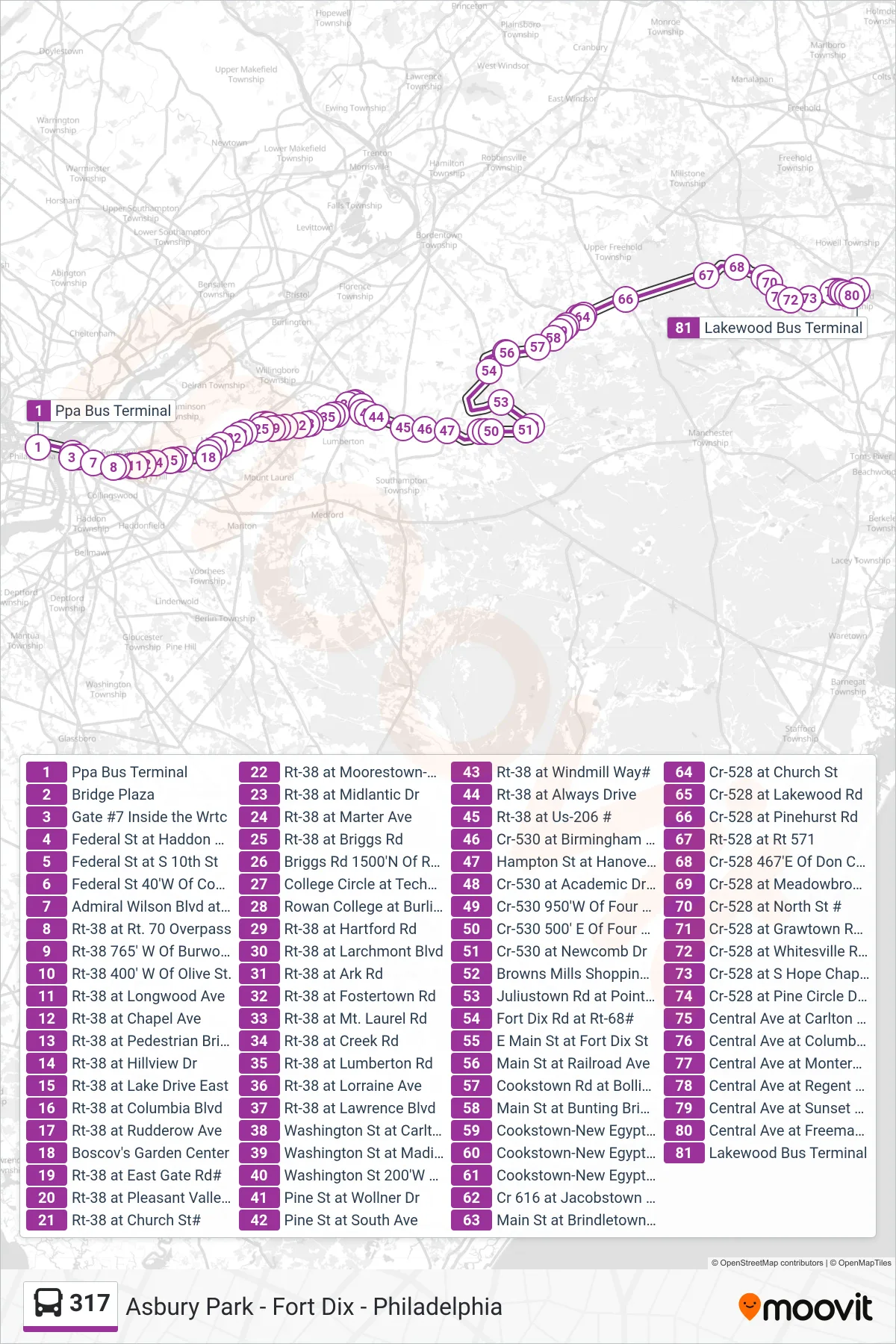 317 bus Line (Lakewood) route and stops on a map