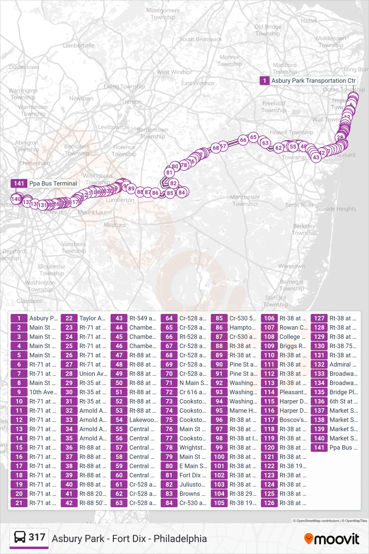 317 bus Line (Philadelphia Rowan Col) route and stops on a map