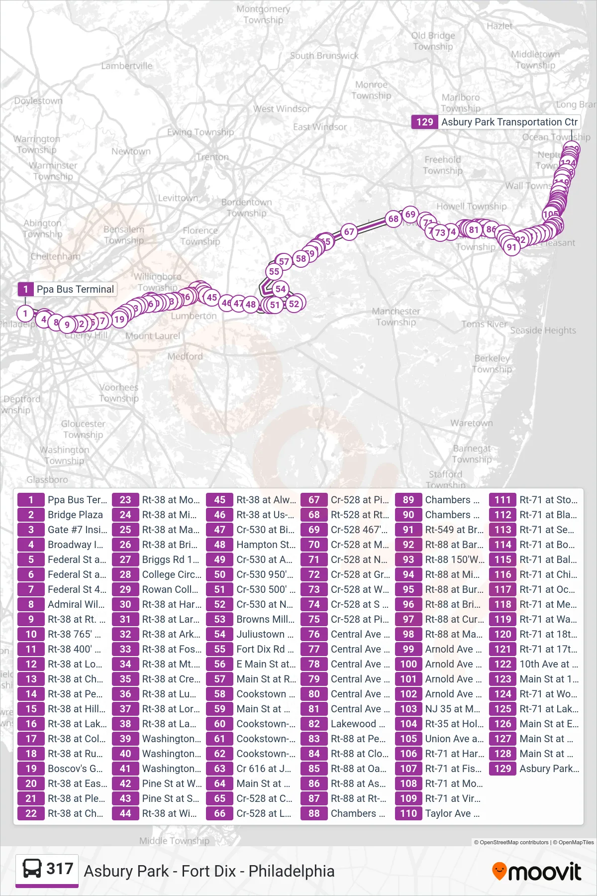 317 bus Line (Asbury Park) route and stops on a map