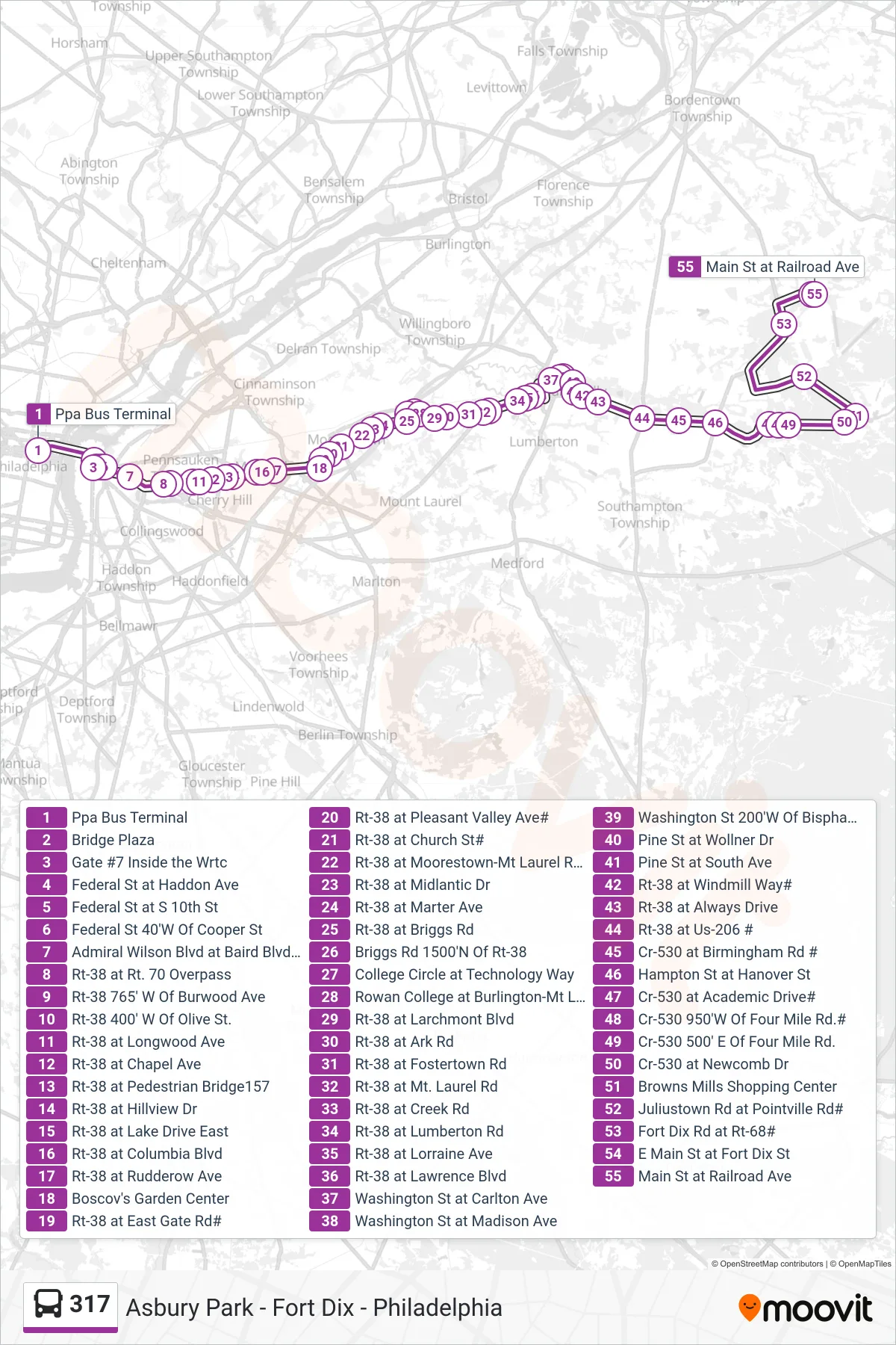 317 bus Line (Wrightstown Rowan Col) route and stops on a map