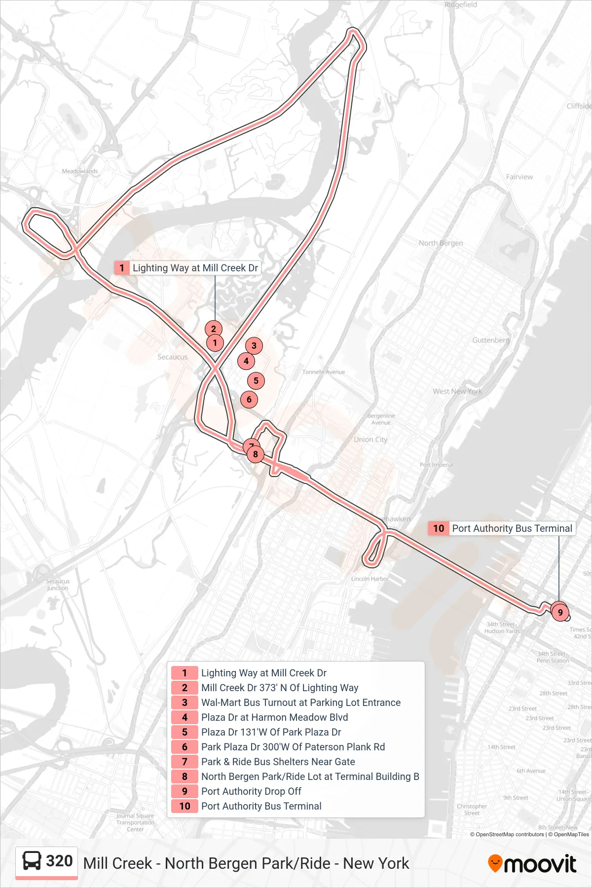 320 bus Line (New York) route and stops on a map