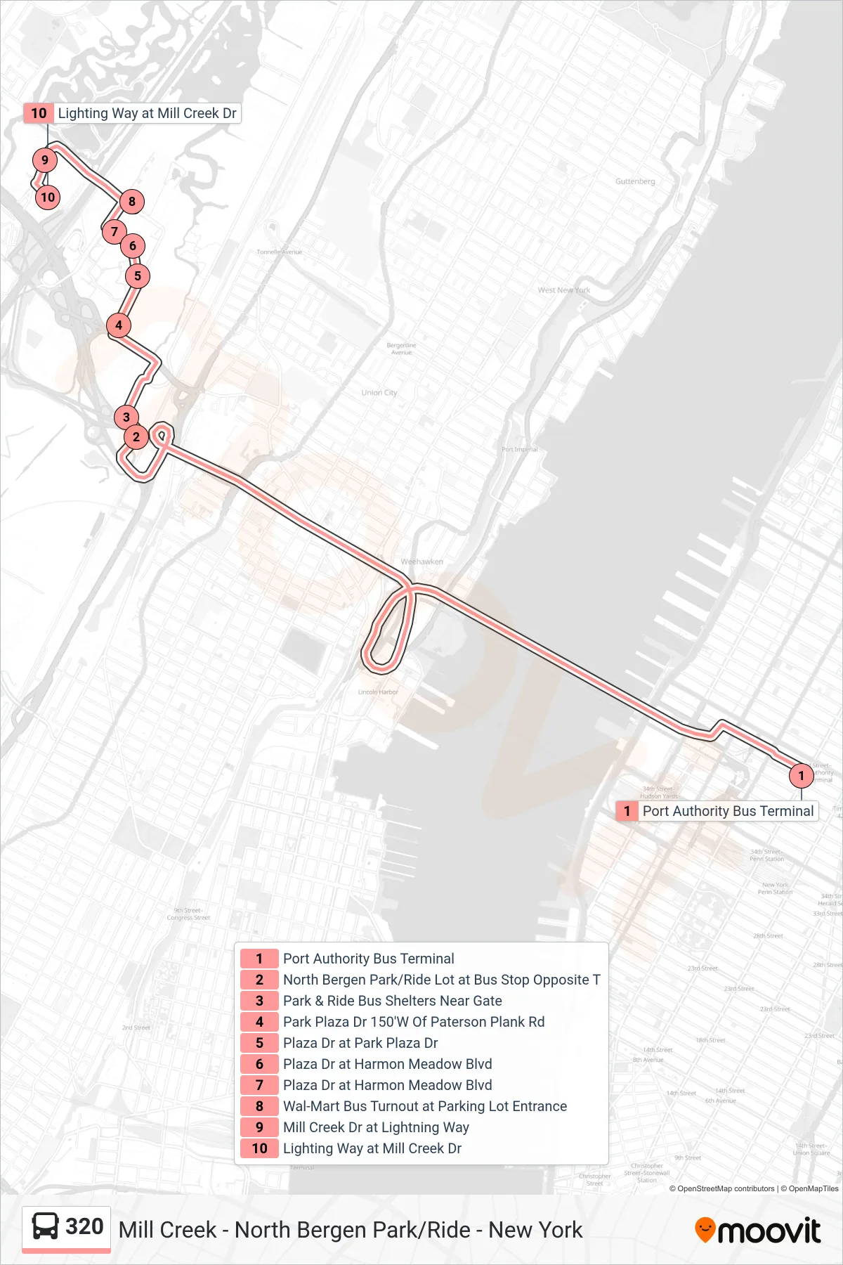 320 bus Line (Harmon Meadow Mill Creek North Bergen Park & Ride) route and stops on a map