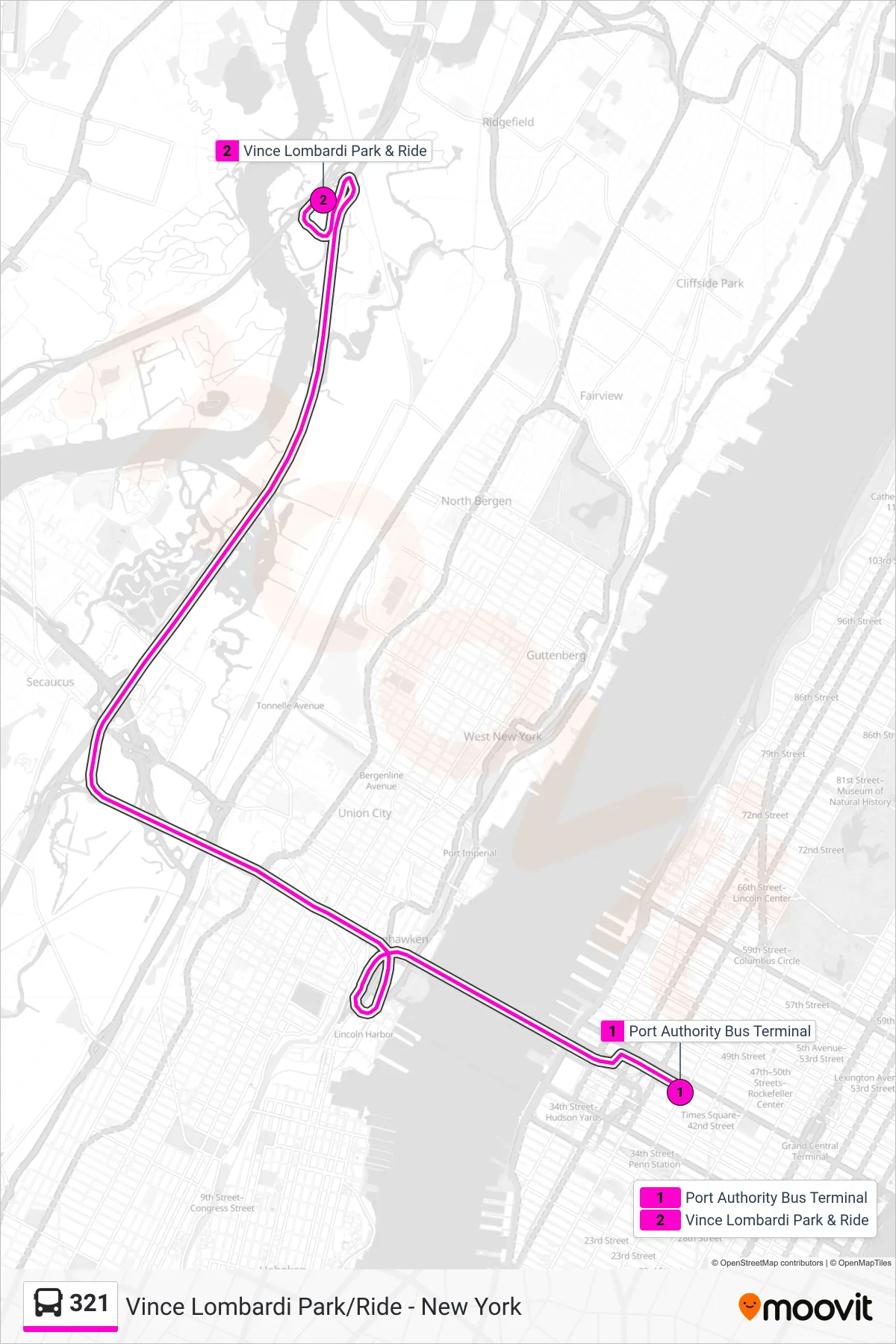 321 bus Line (Vince Lombardi Park & Ride) route and stops on a map