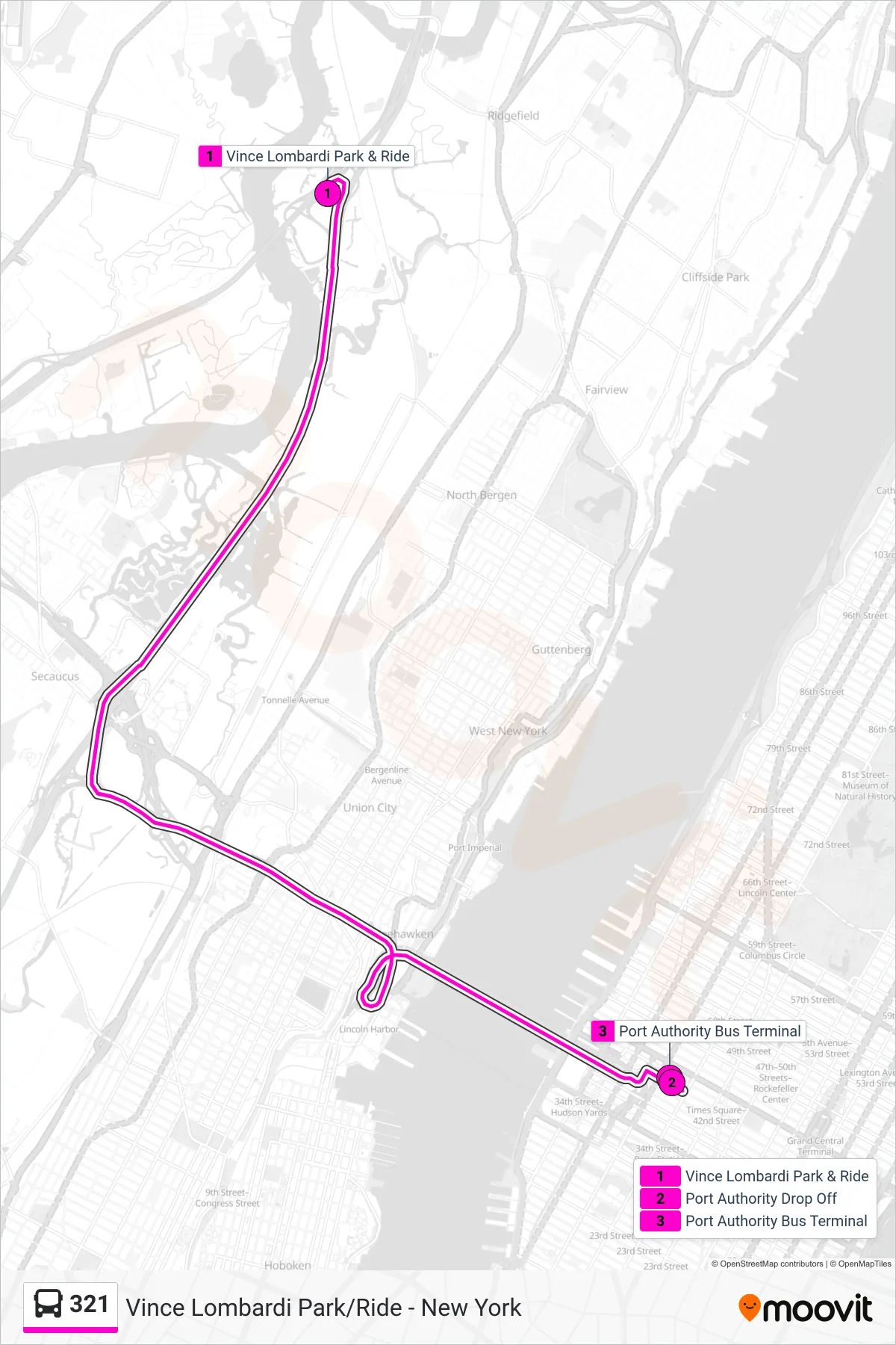 321 bus Line (New York) route and stops on a map