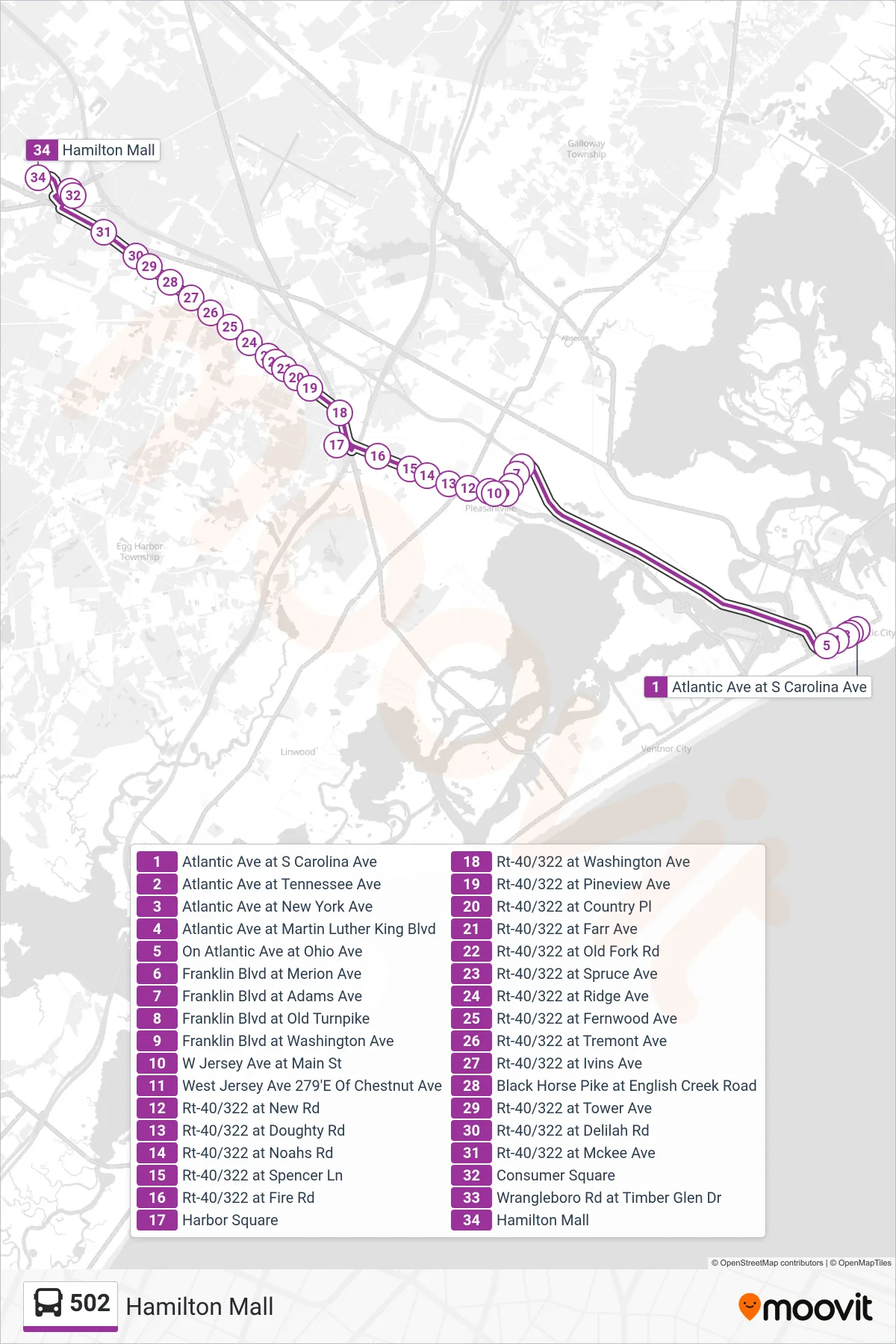 502 bus Line (Hamilton Mall) route and stops on a map