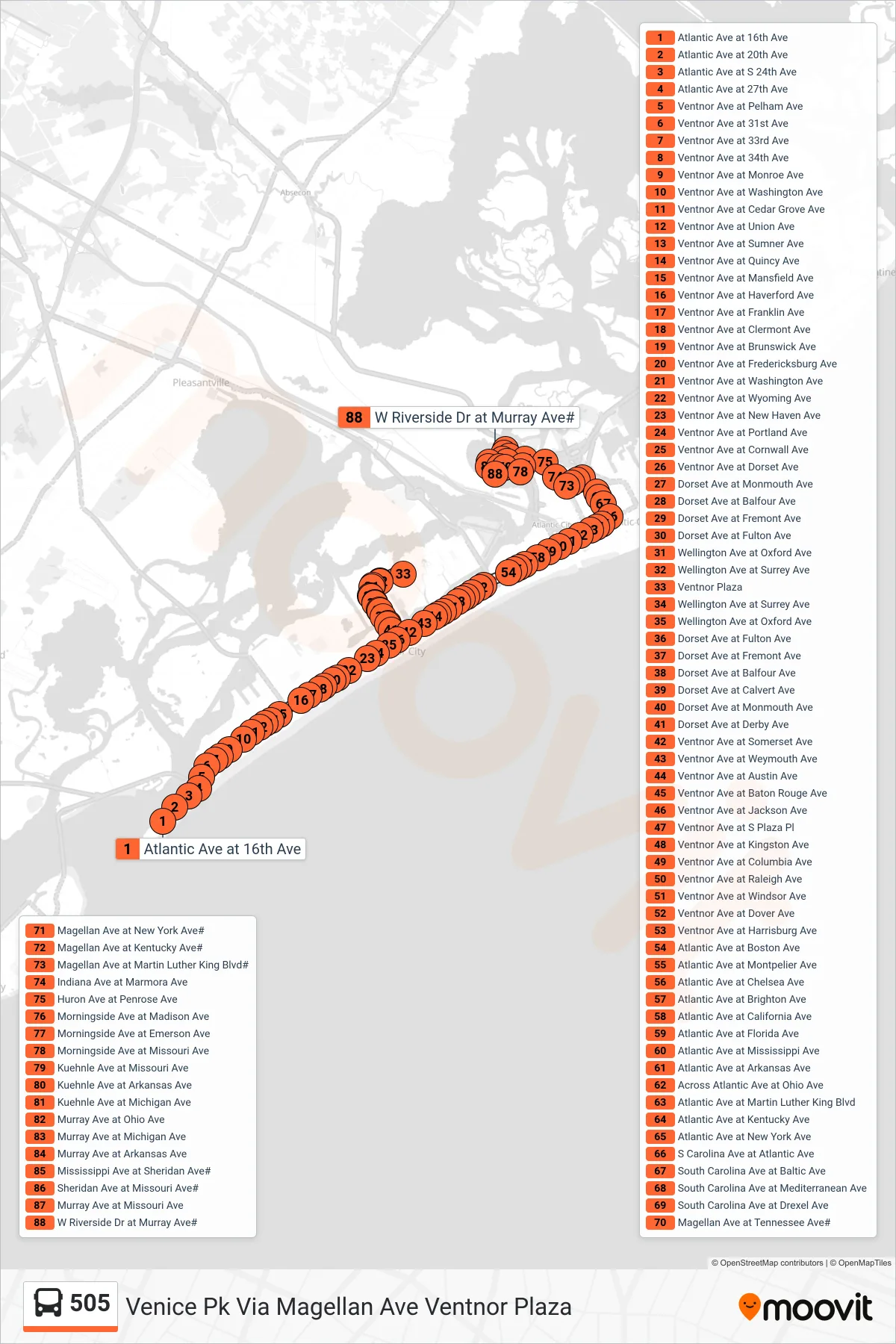 505 bus Line (Venice Pk Via Magellan Ave Ventnor Plaza) route and stops on a map
