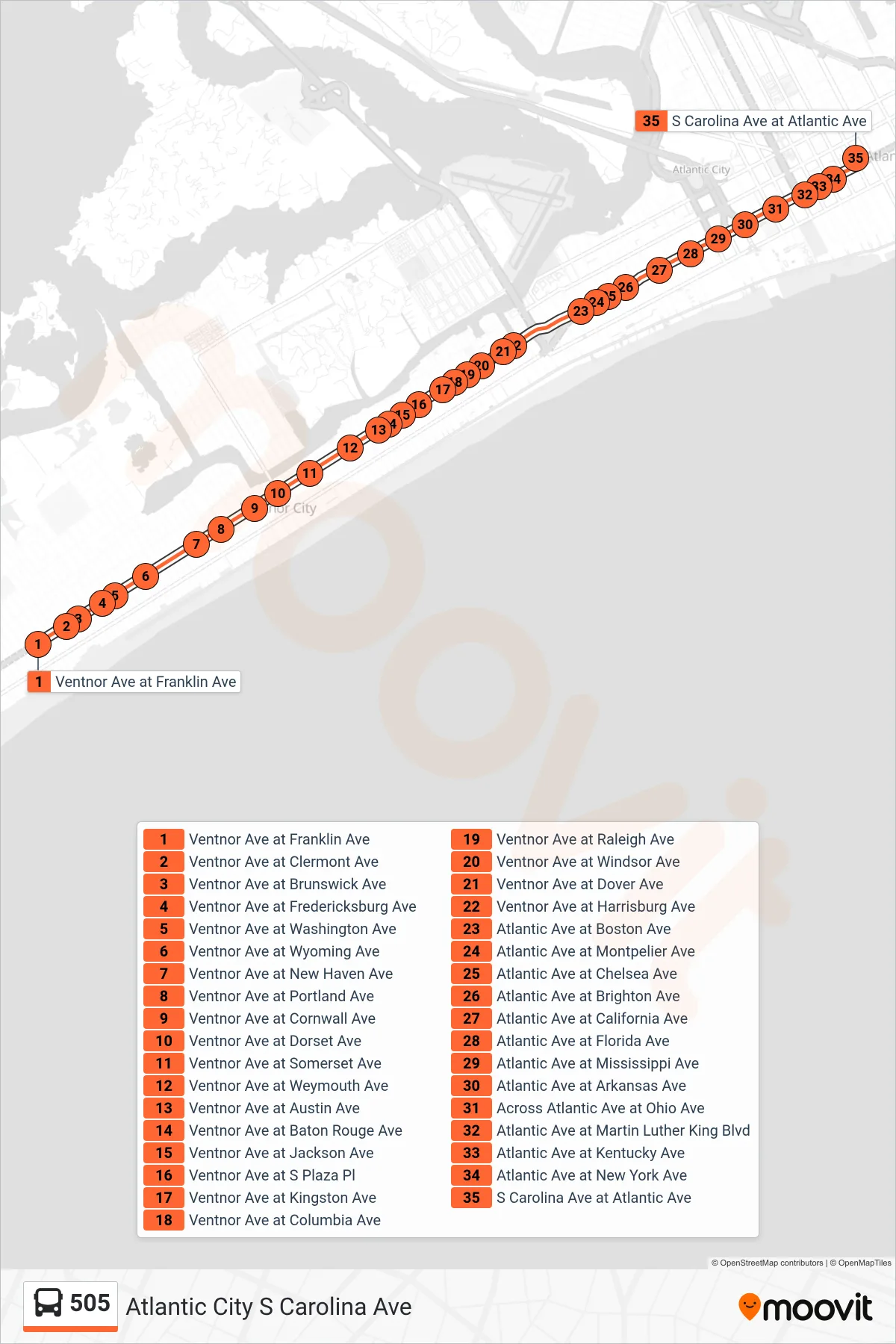 505 bus Line (Atlantic City S Carolina Ave) route and stops on a map