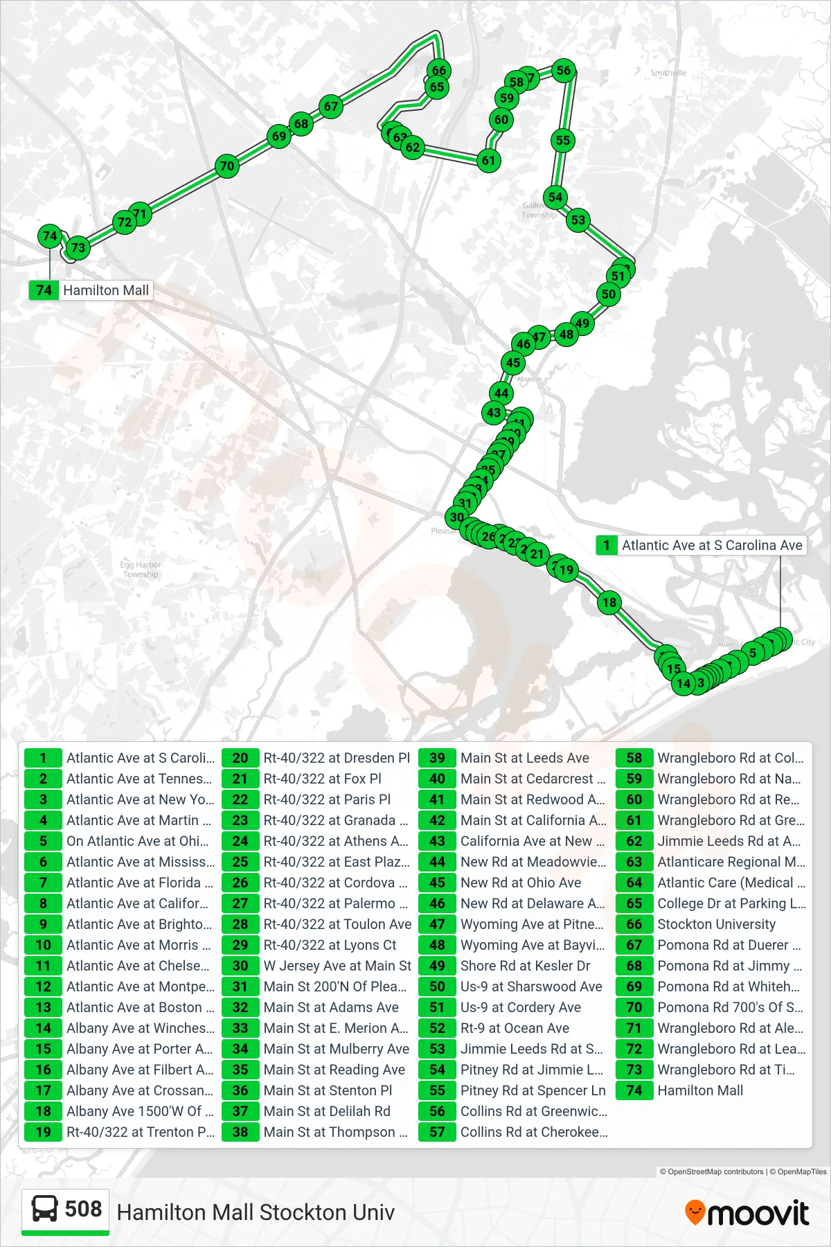 508 bus Line (Hamilton Mall Stockton Univ) route and stops on a map