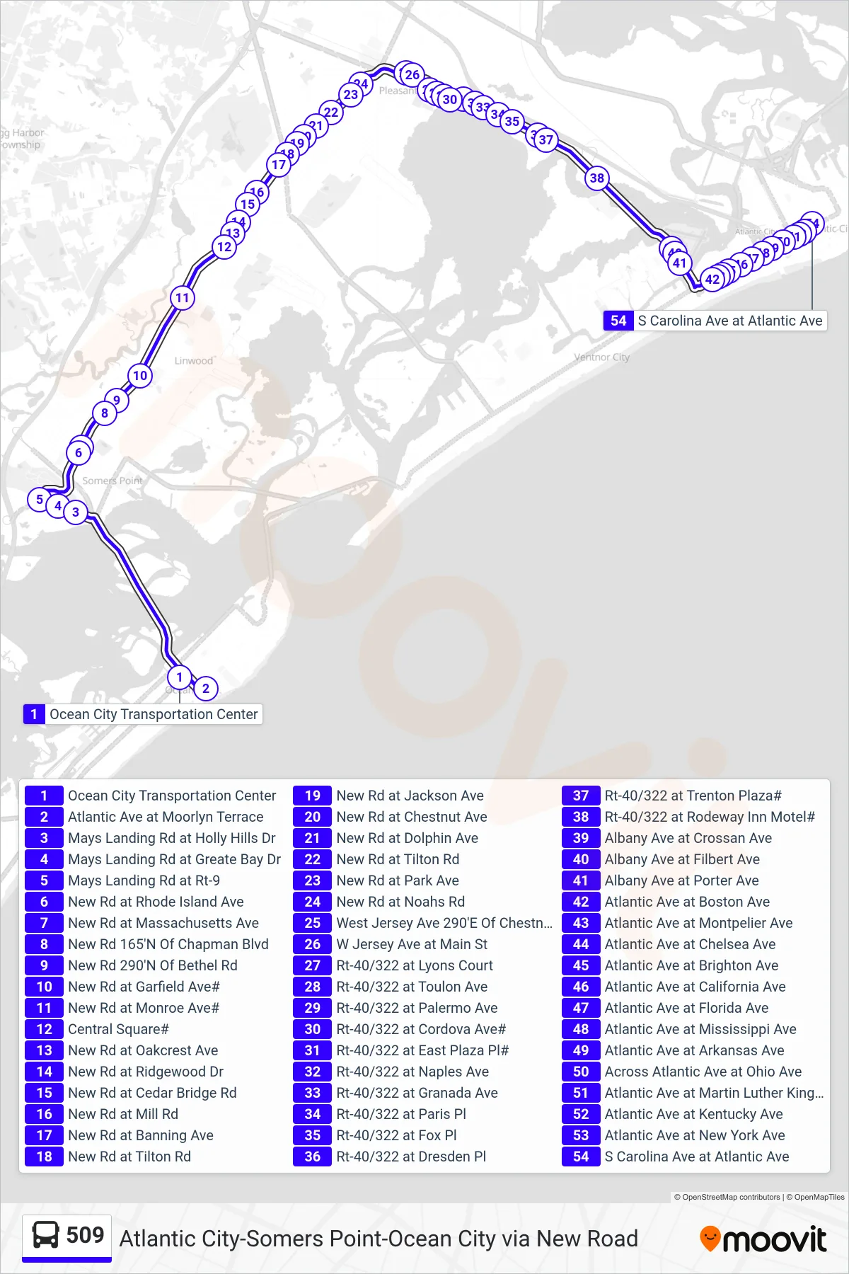 509 bus Line (Atlantic City S Carolina Ave Black Horse Pike) route and stops on a map