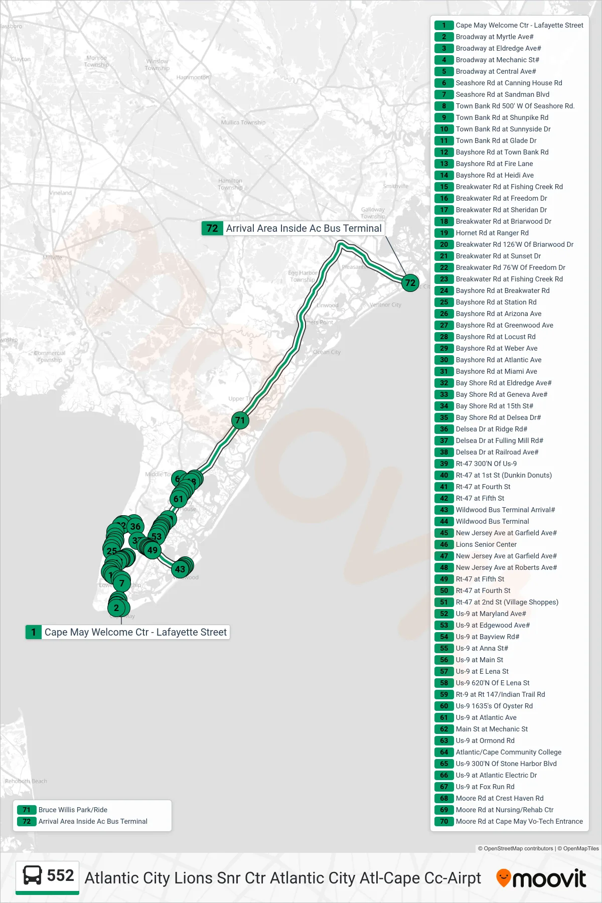 552 bus Line (Atlantic City Lions Snr Ctr Atlantic City Atl-Cape Cc-Airpt) route and stops on a map