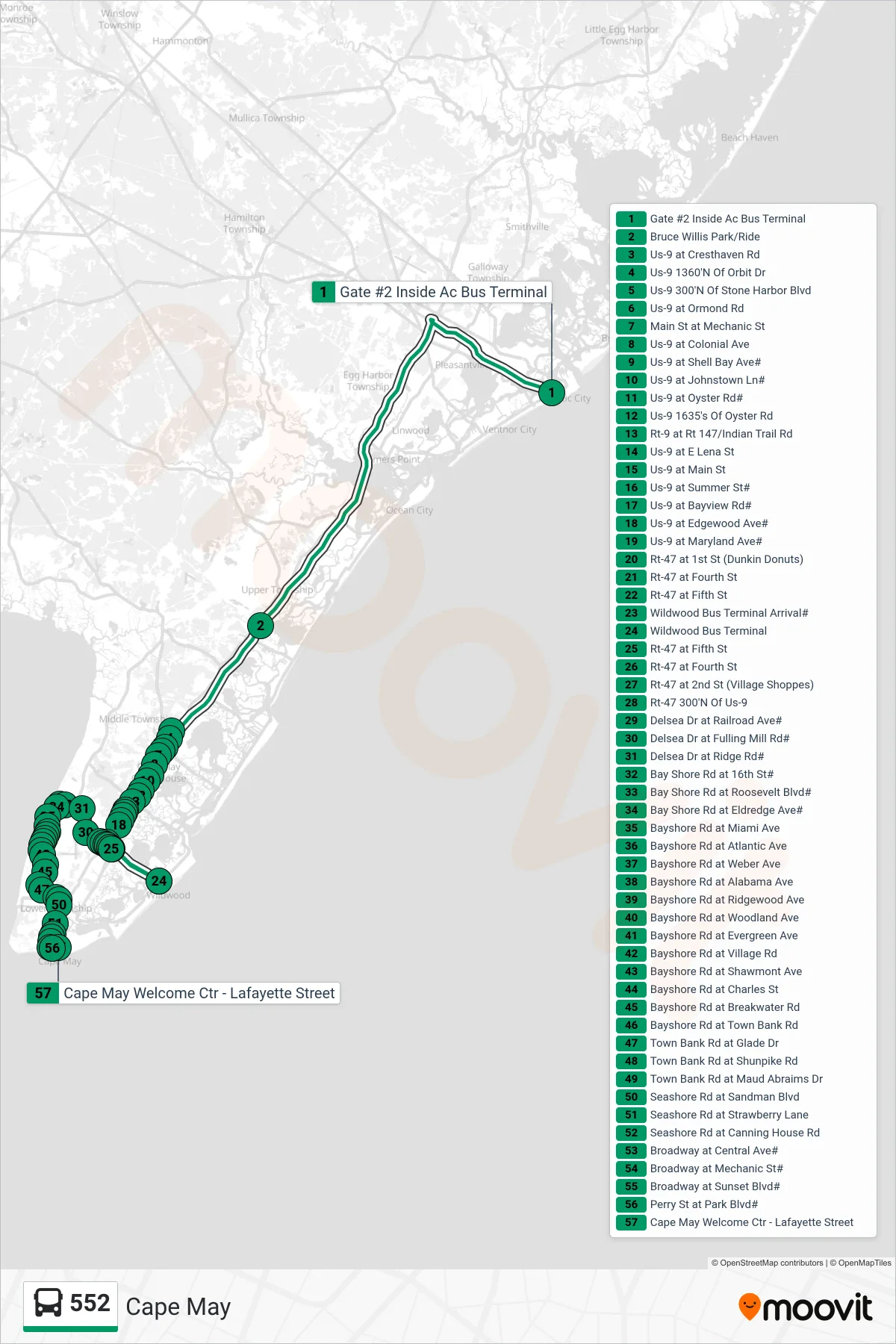 552 bus Line (Cape May) route and stops on a map