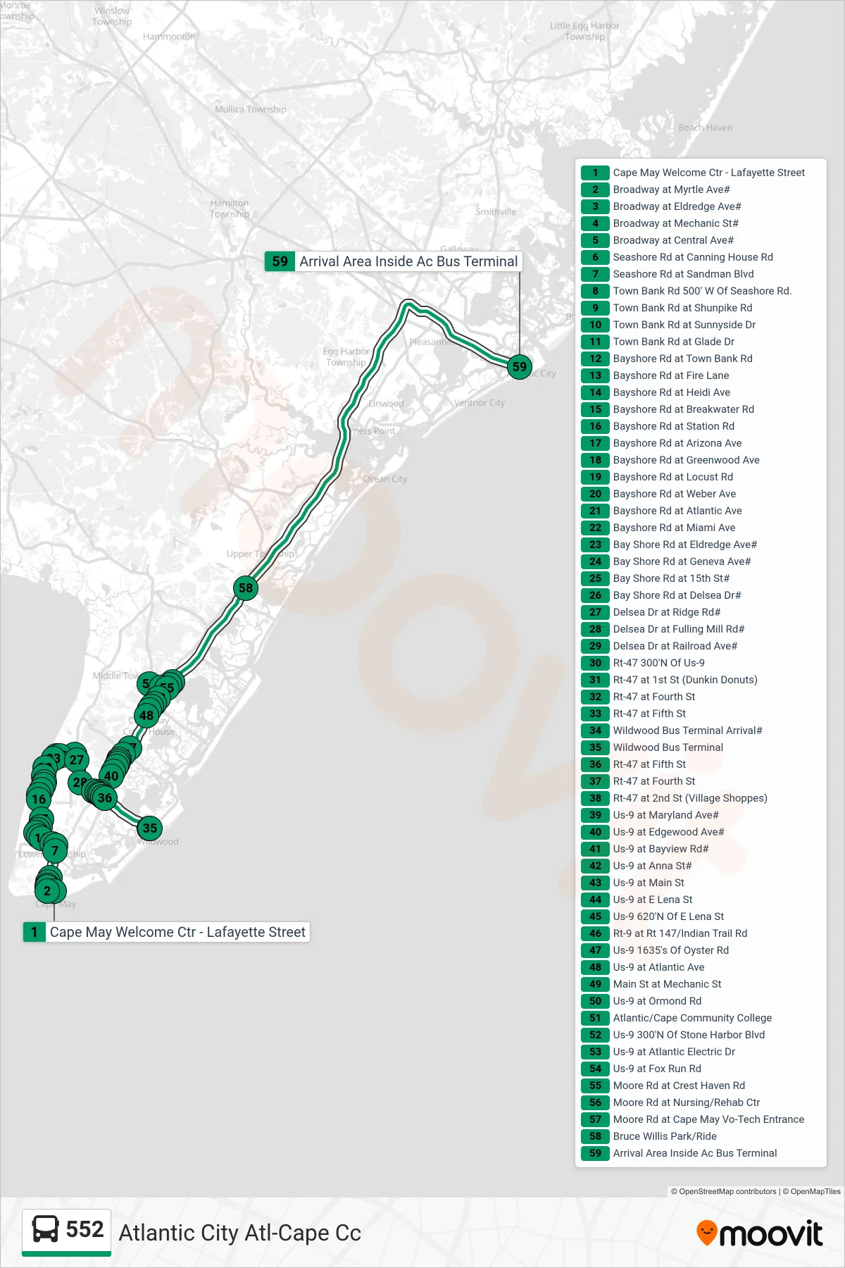 552 bus Line (Atlantic City Atl-Cape Cc) route and stops on a map