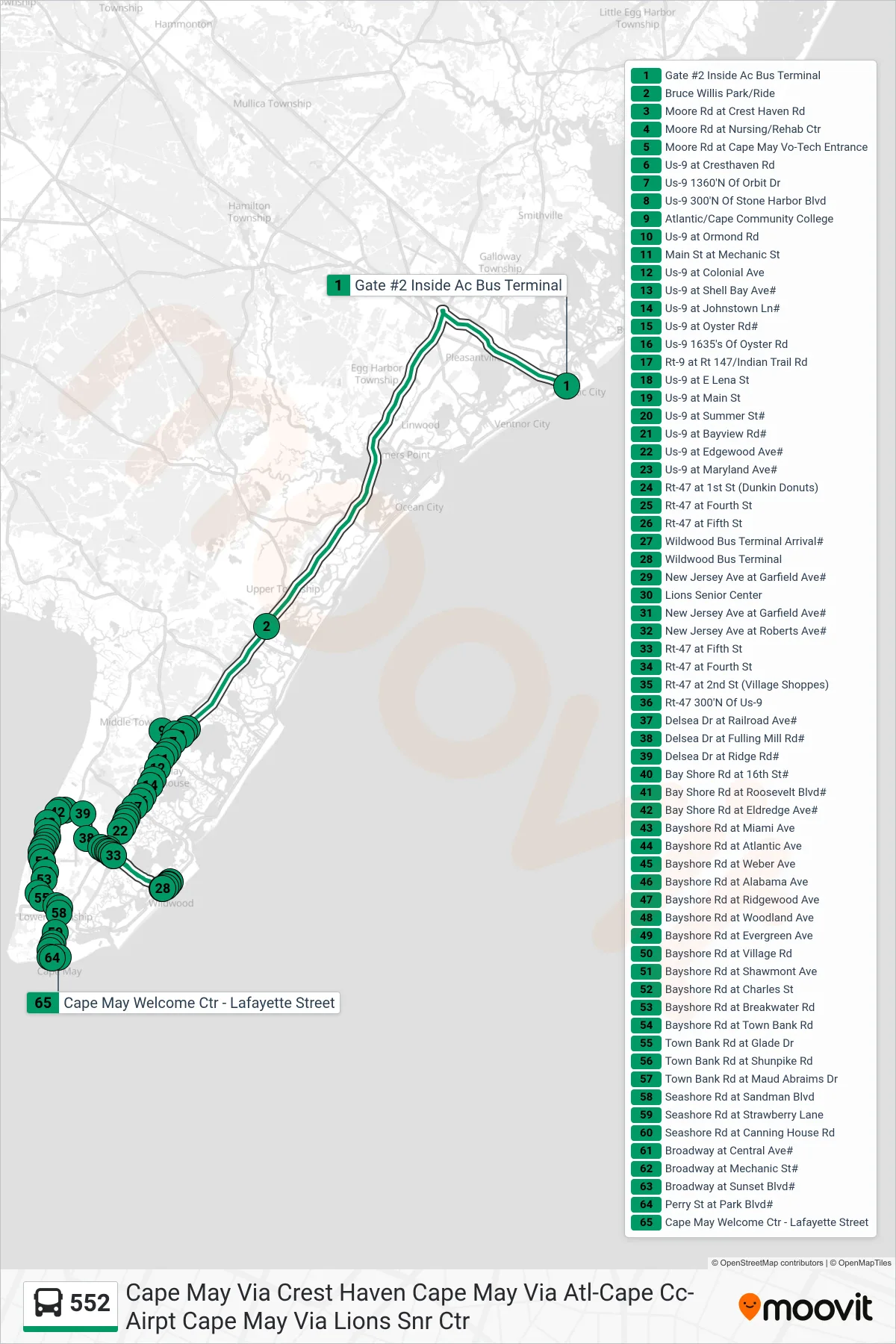 552 bus Line (Cape May Via Crest Haven Cape May Via Atl-Cape Cc-Airpt Cape May Via Lions Snr Ctr) route and stops on a map