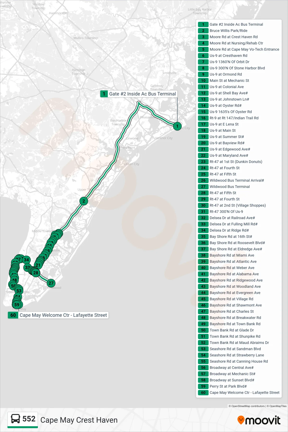 552 bus Line (Cape May Crest Haven) route and stops on a map