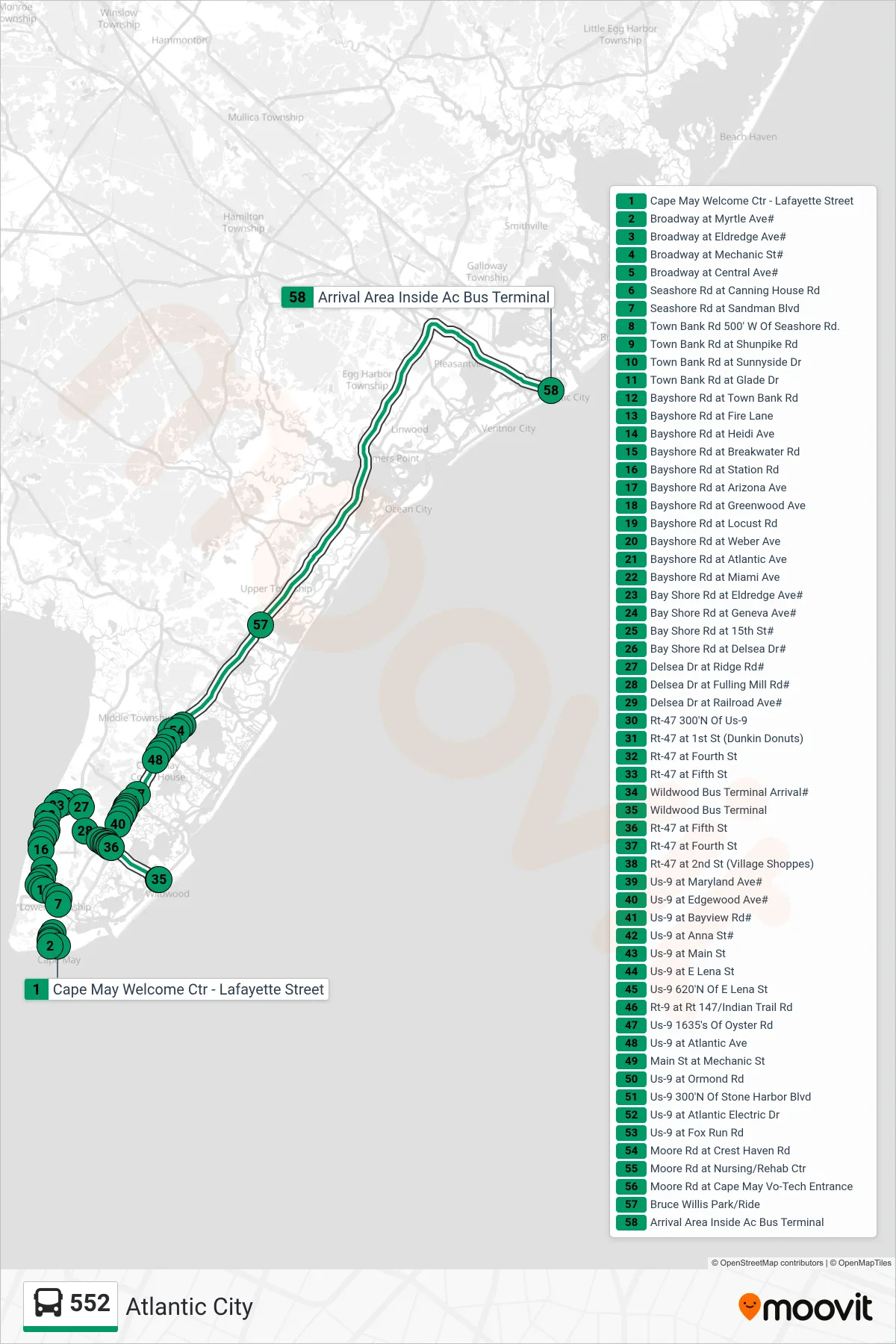 552 bus Line (Atlantic City) route and stops on a map