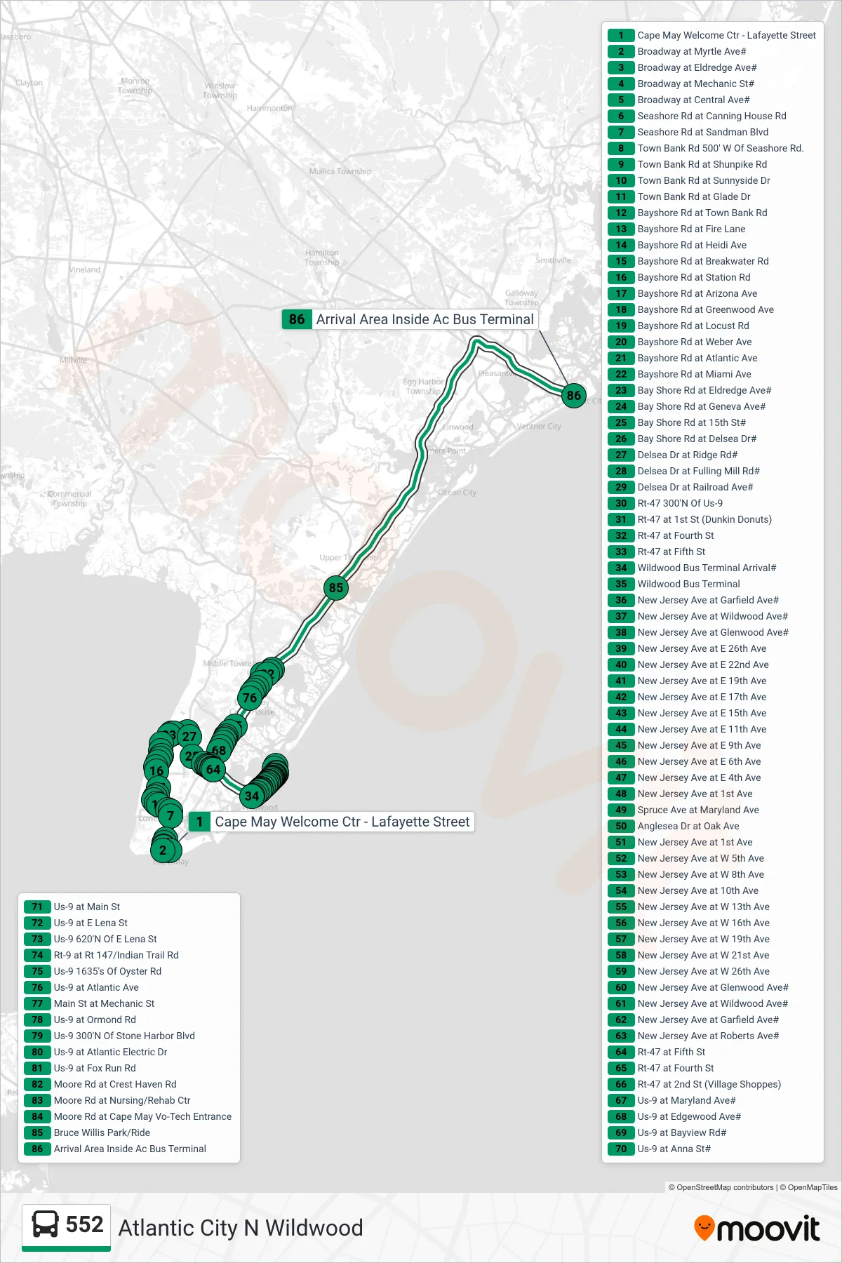 552 bus Line (Atlantic City N Wildwood) route and stops on a map