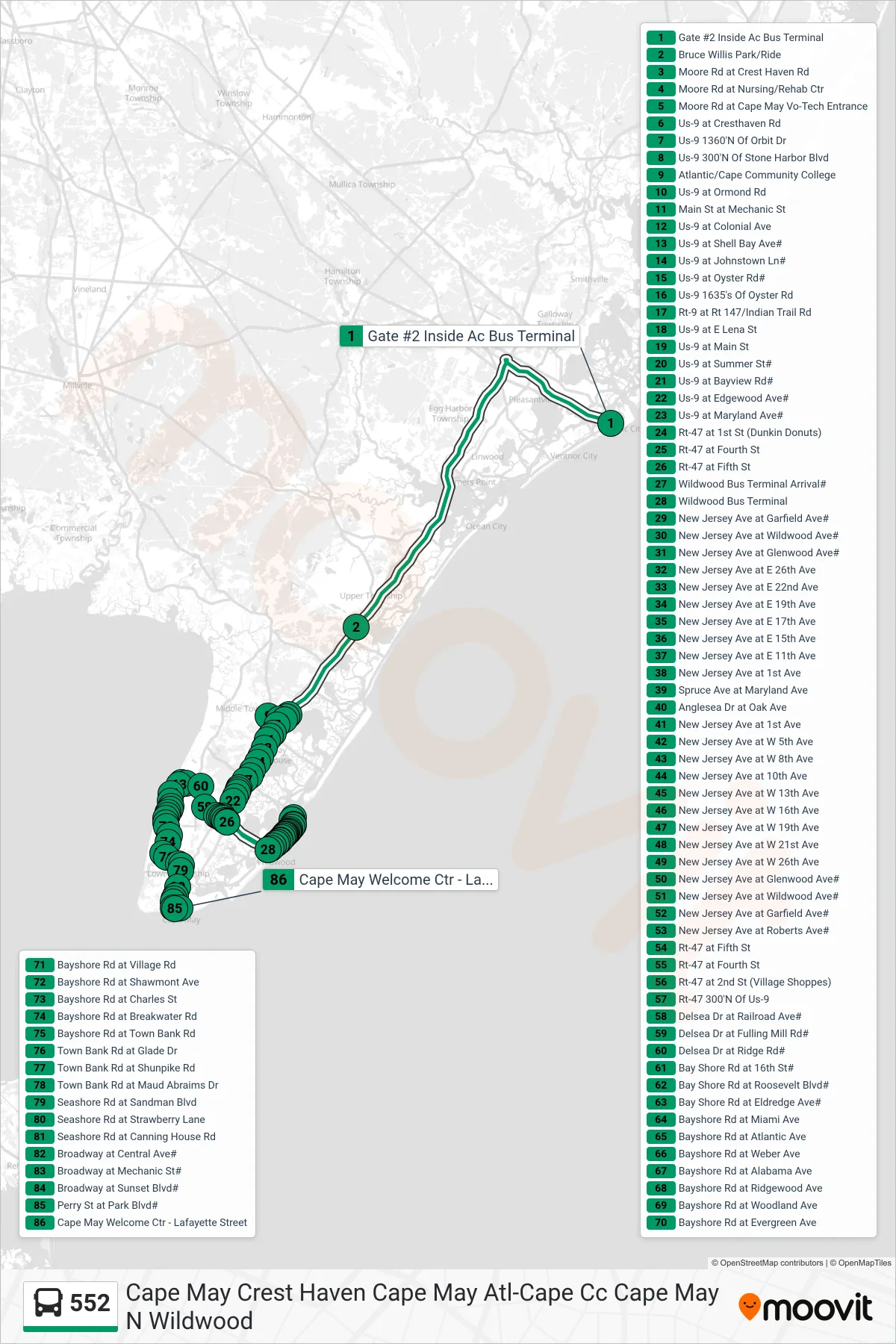 552 bus Line (Cape May Crest Haven Cape May Atl-Cape Cc Cape May N Wildwood) route and stops on a map