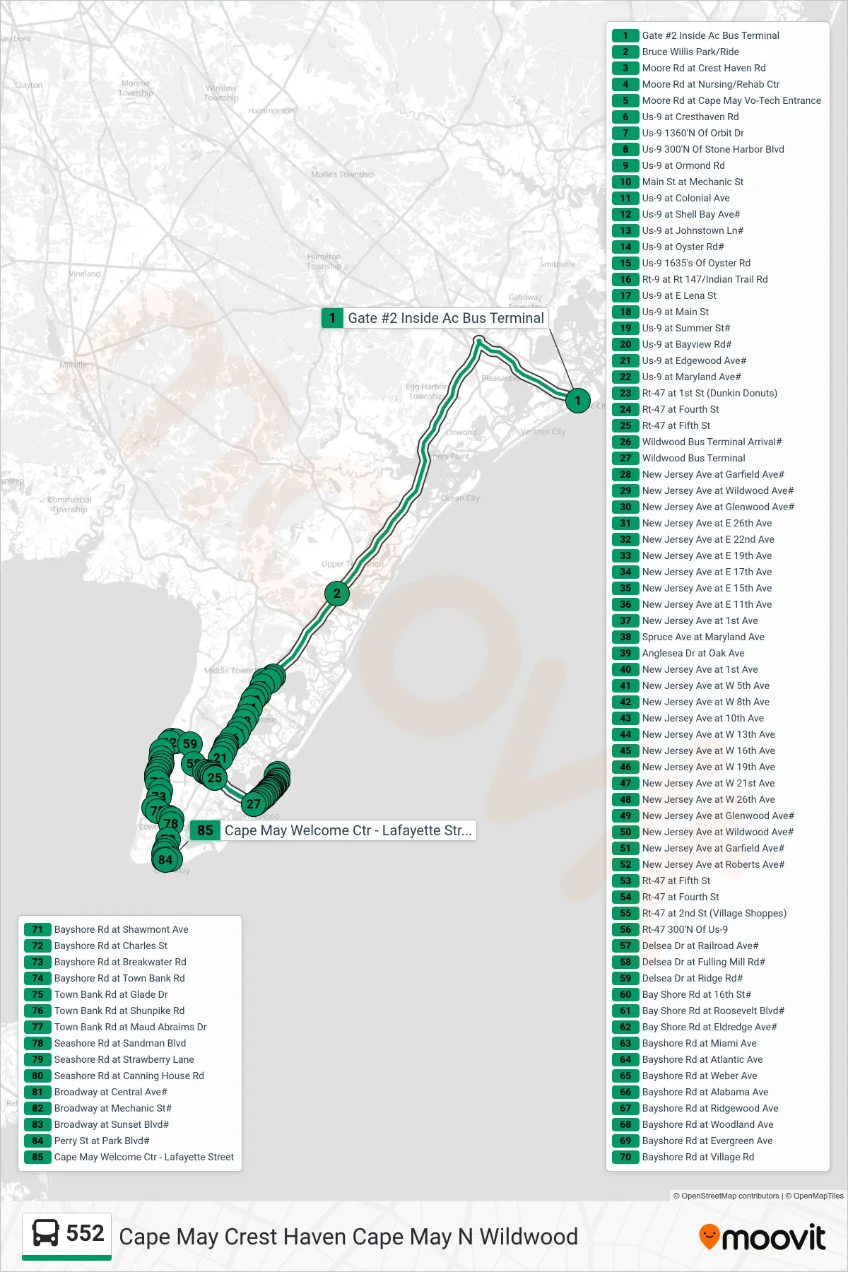 552 bus Line (Cape May Crest Haven Cape May N Wildwood) route and stops on a map