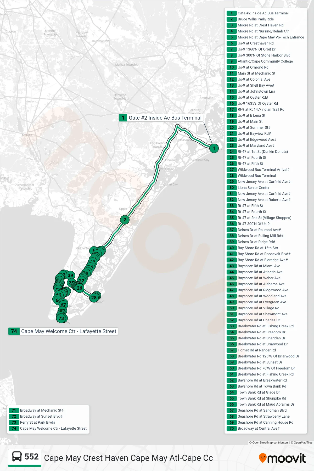 552 bus Line (Cape May Crest Haven Cape May Atl-Cape Cc) route and stops on a map