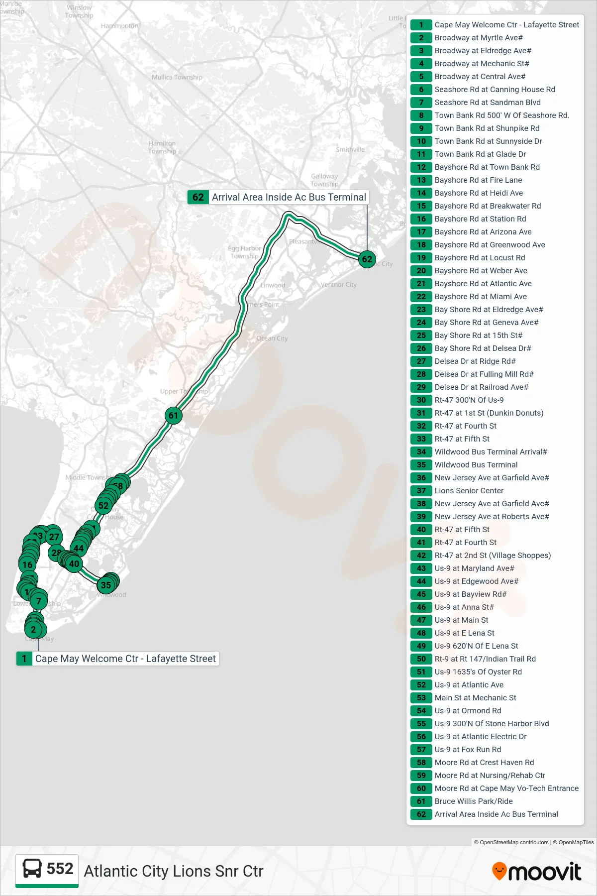 552 bus Line (Atlantic City Lions Snr Ctr) route and stops on a map