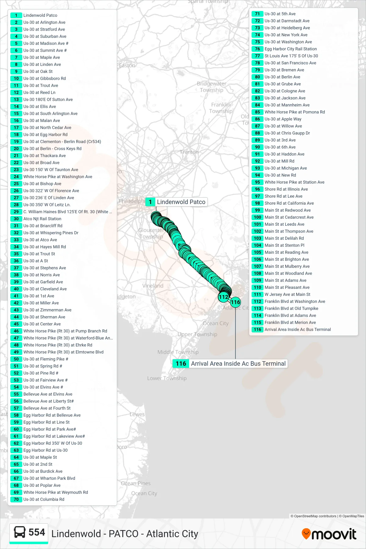 554 bus Line (Atlantic City) route and stops on a map