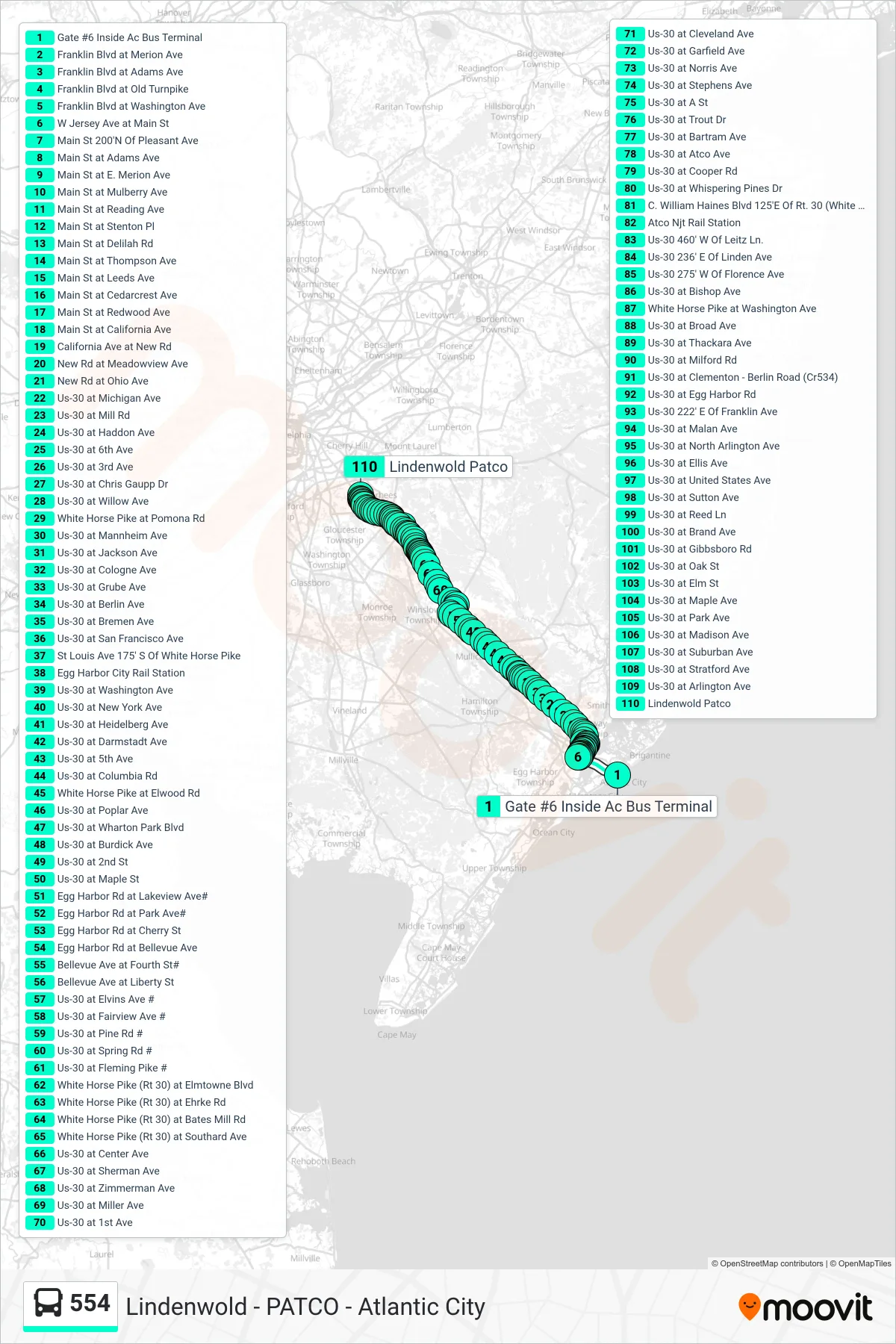554 bus Line (Lindenwold California/New) route and stops on a map