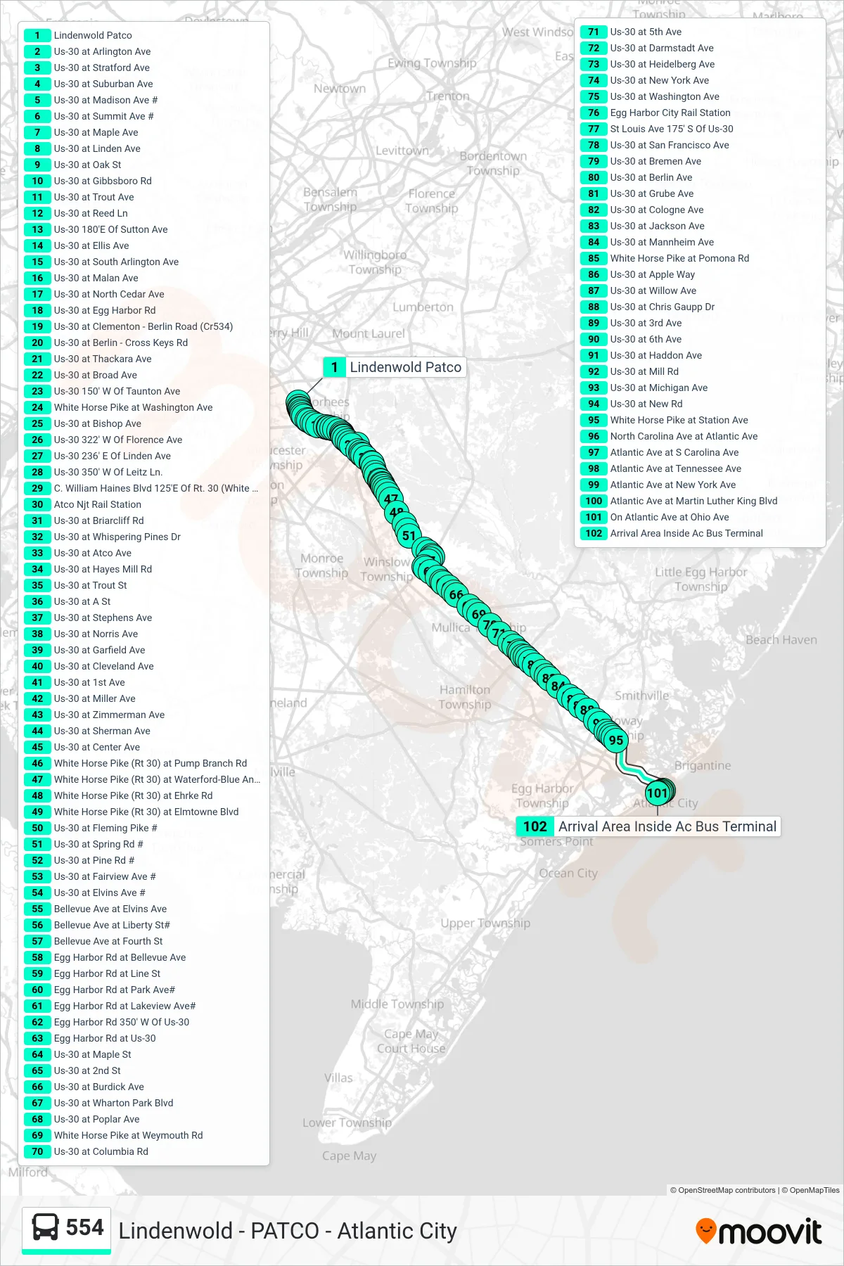 554 bus Line (Atlantic City Absecon Blvd) route and stops on a map