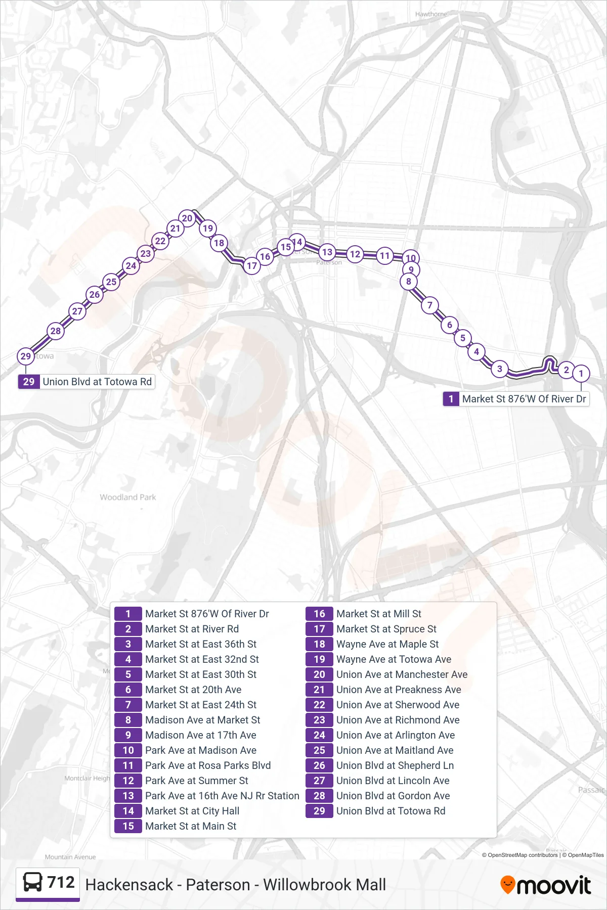 712 bus Line (S Totowa  Union Blvd Totowa Rd) route and stops on a map