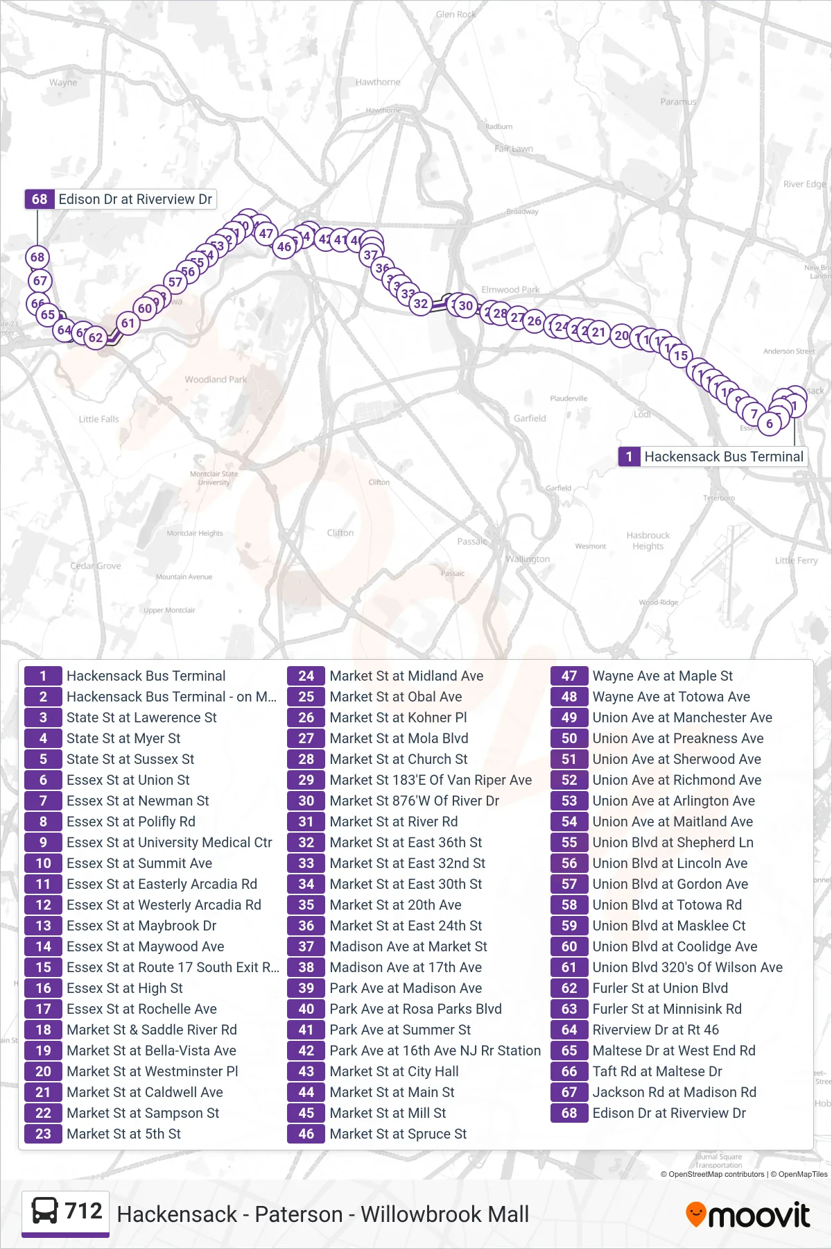 712 bus Line (Totowa Industrial Pk) route and stops on a map