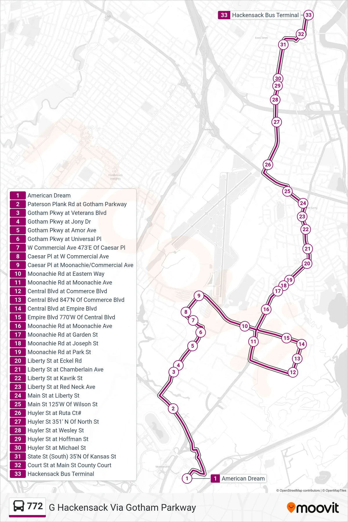 772 bus Line (G Hackensack Via Gotham Parkway) route and stops on a map