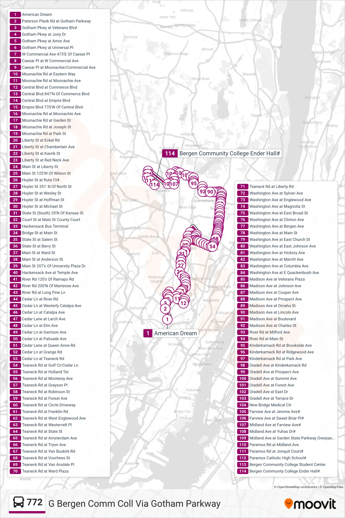 772 bus Line (G Bergen Comm Coll Via Gotham Parkway) route and stops on a map