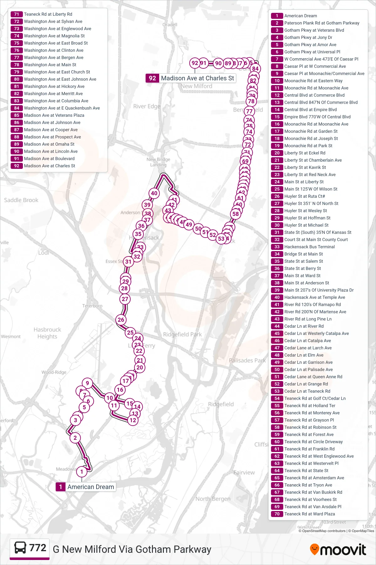 772 bus Line (G New Milford Via Gotham Parkway) route and stops on a map