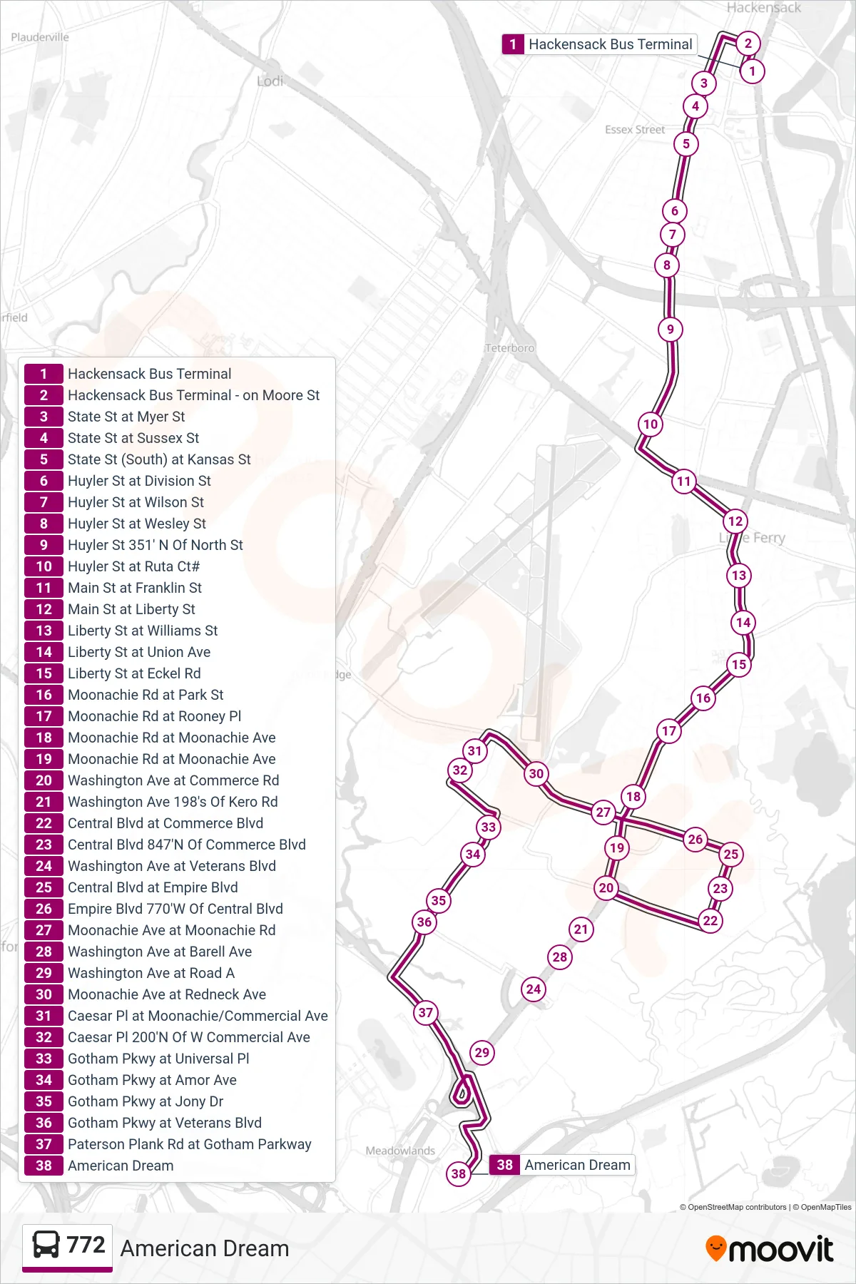 772 bus Line (American Dream) route and stops on a map