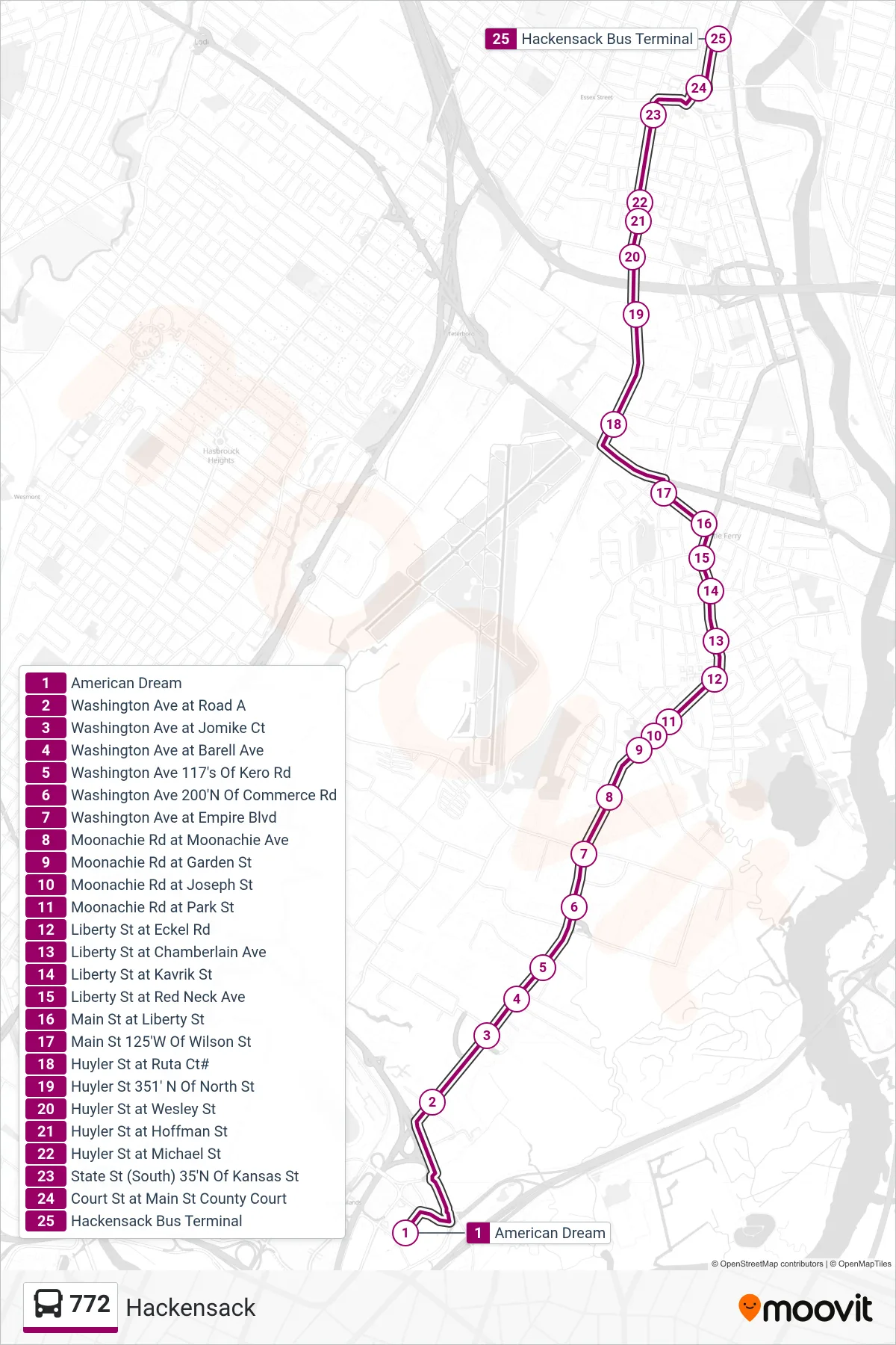 772 bus Line (Hackensack) route and stops on a map