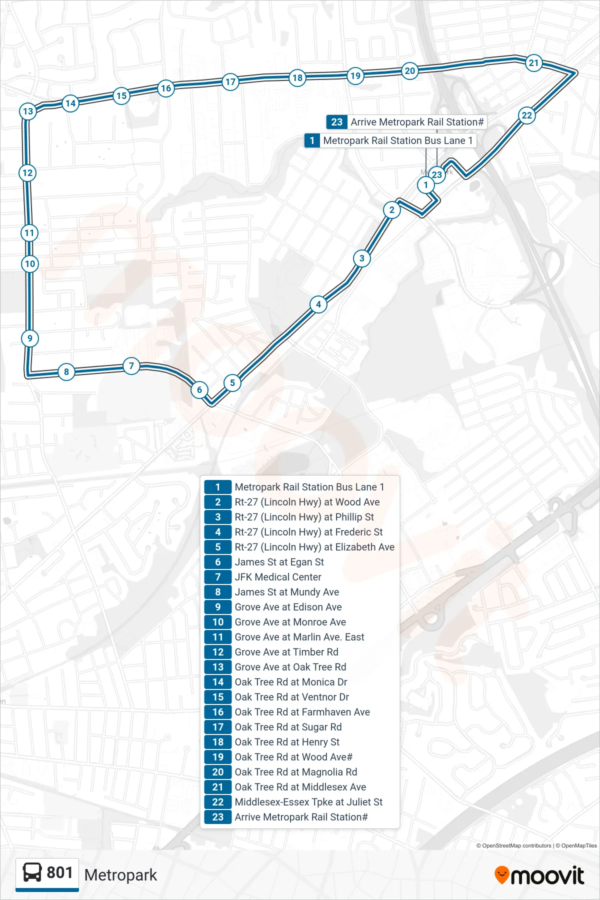 801 bus Line (Metropark) route and stops on a map