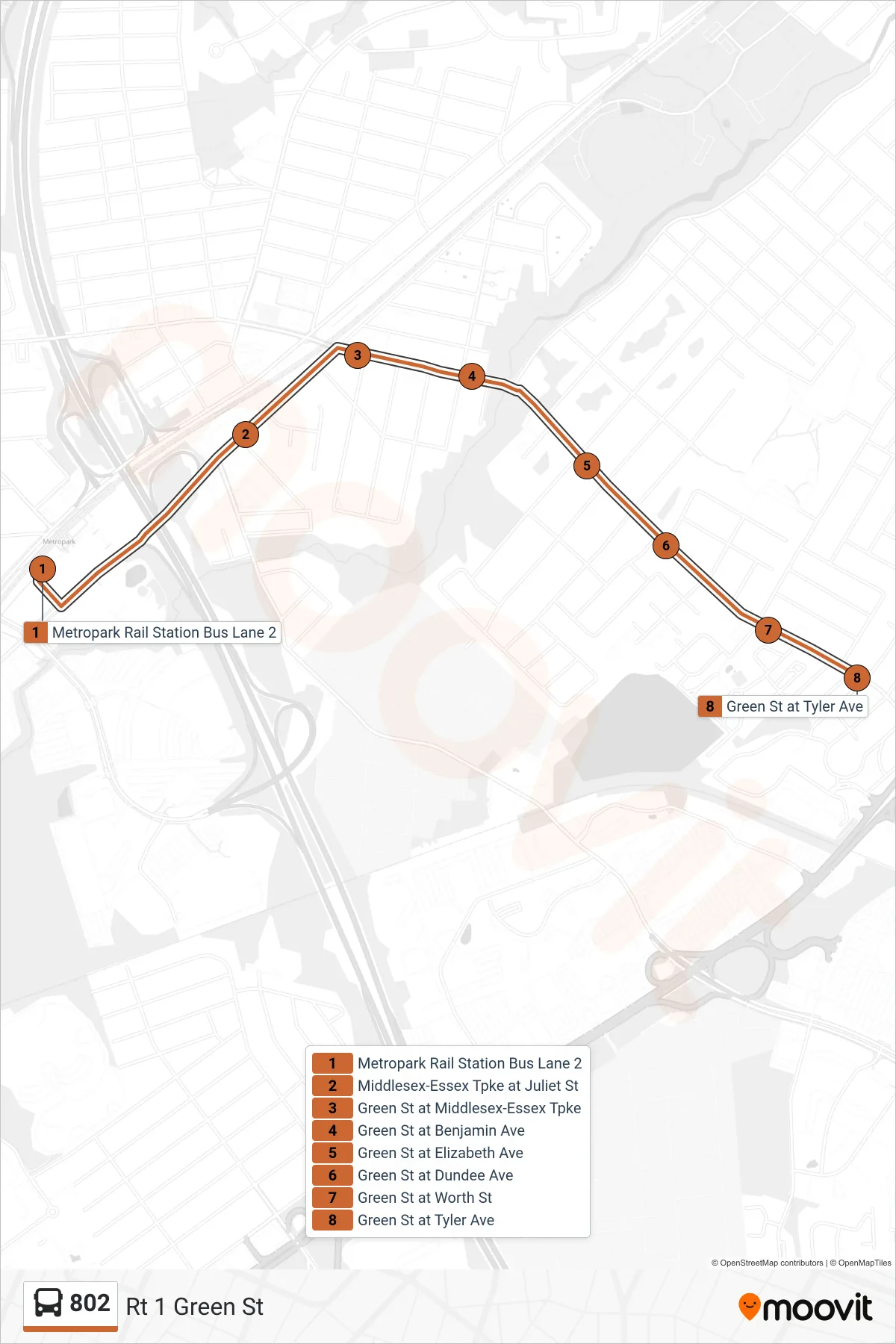 802 bus Line (Rt 1 Green St) route and stops on a map