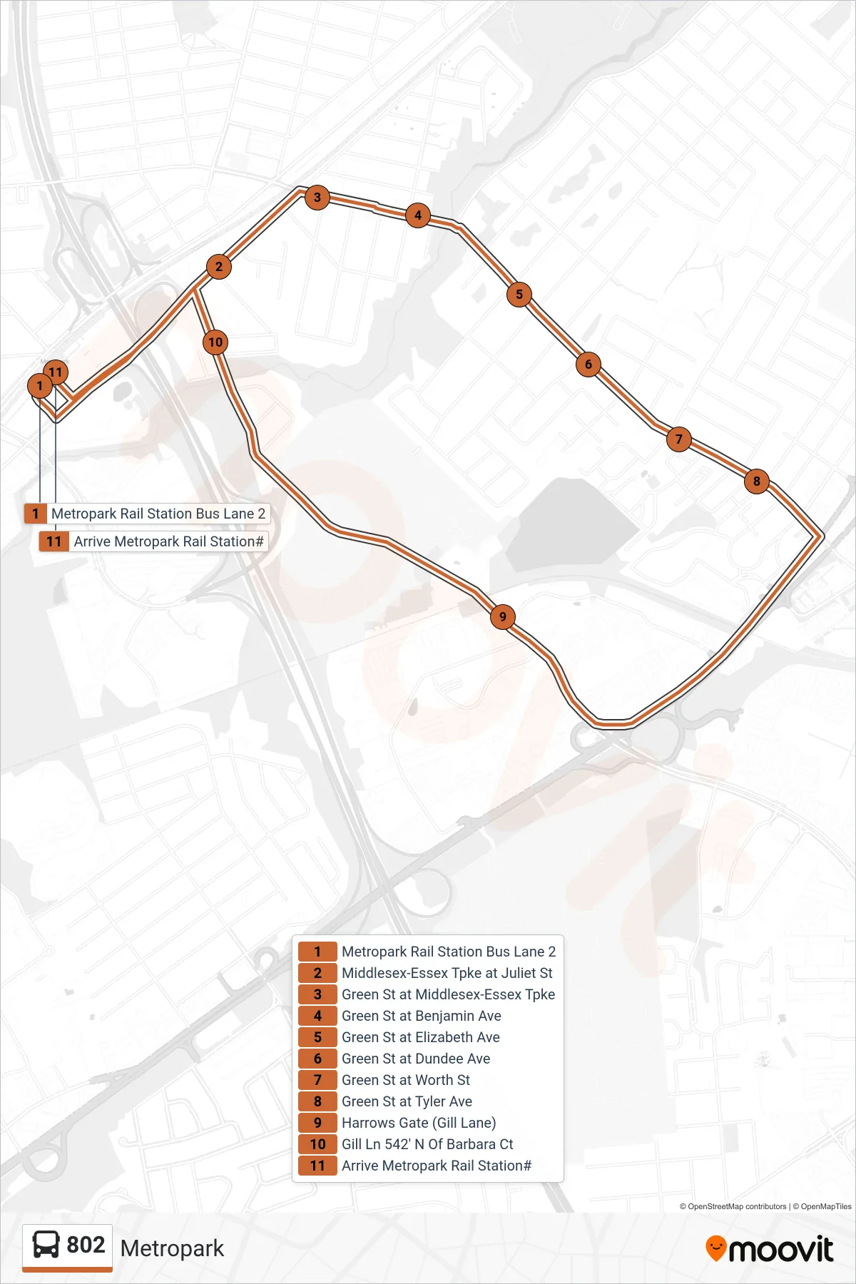 802 bus Line (Metropark) route and stops on a map