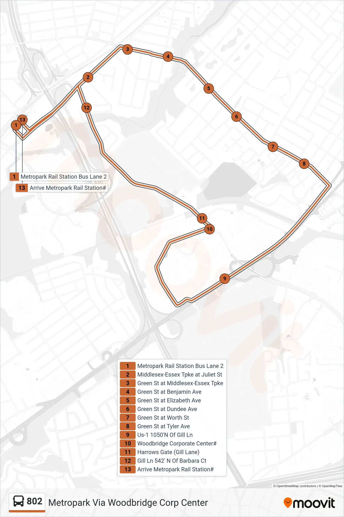 802 bus Line (Metropark Via Woodbridge Corp Center) route and stops on a map