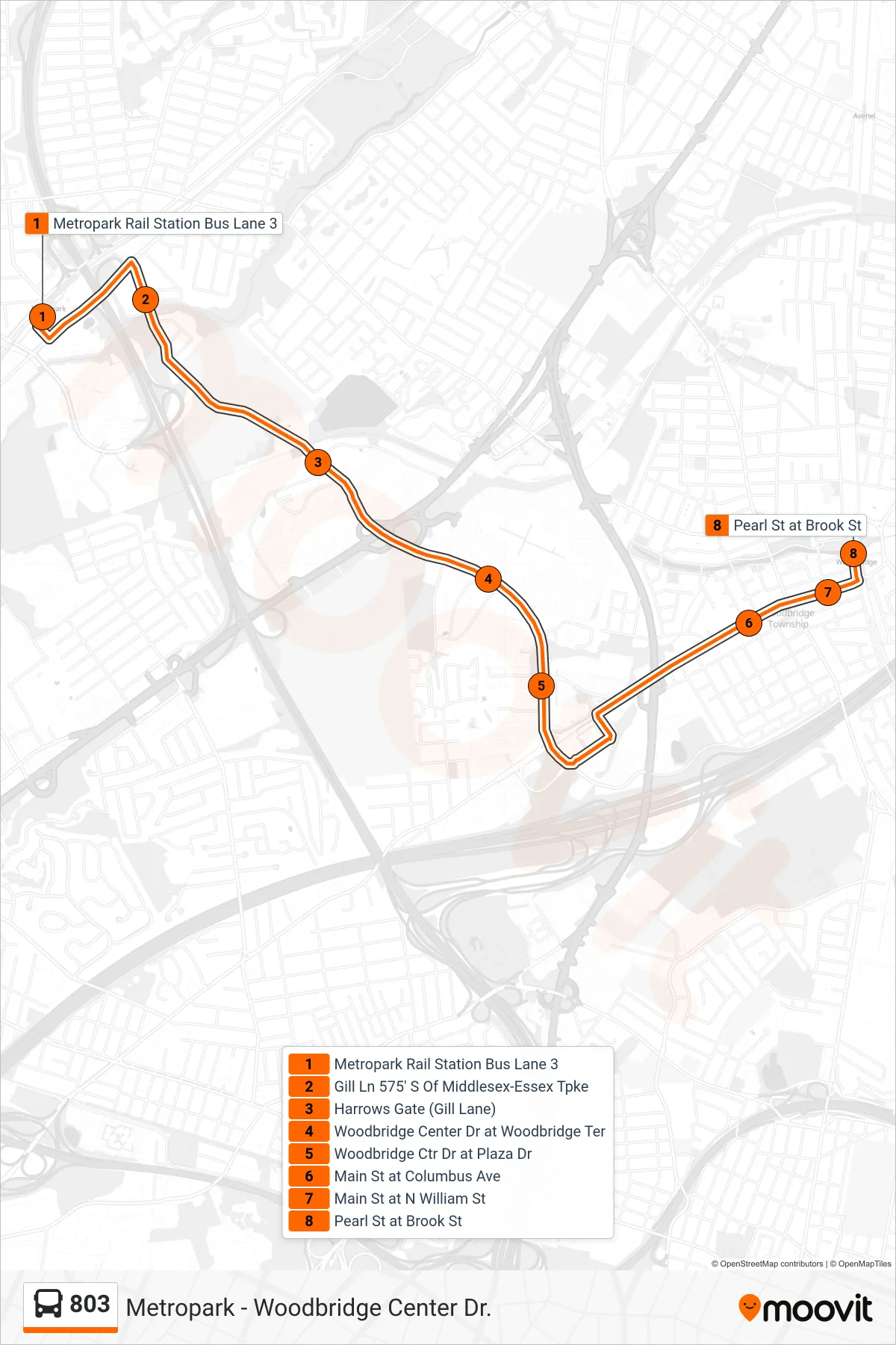 803 bus Line (Woodbridge Rail Station) route and stops on a map
