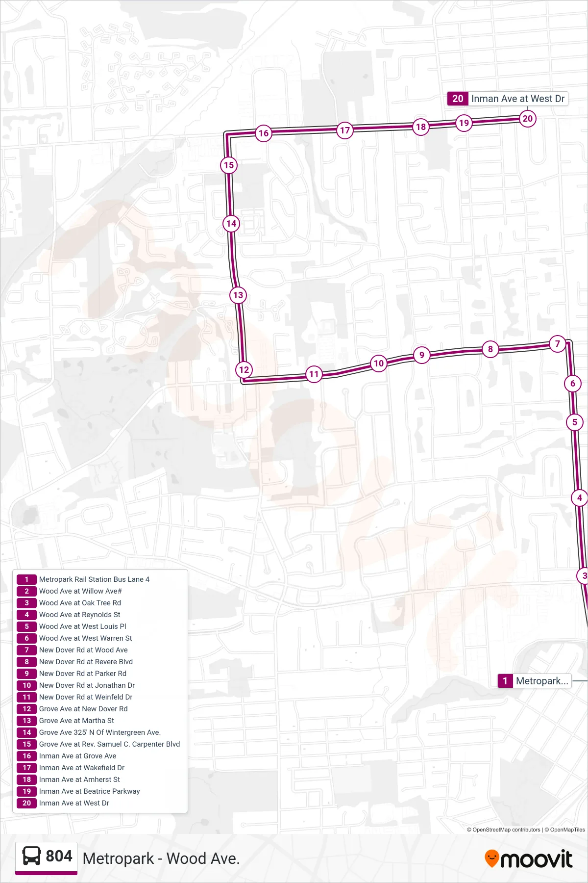 804 bus Line (Wood-Inman) route and stops on a map